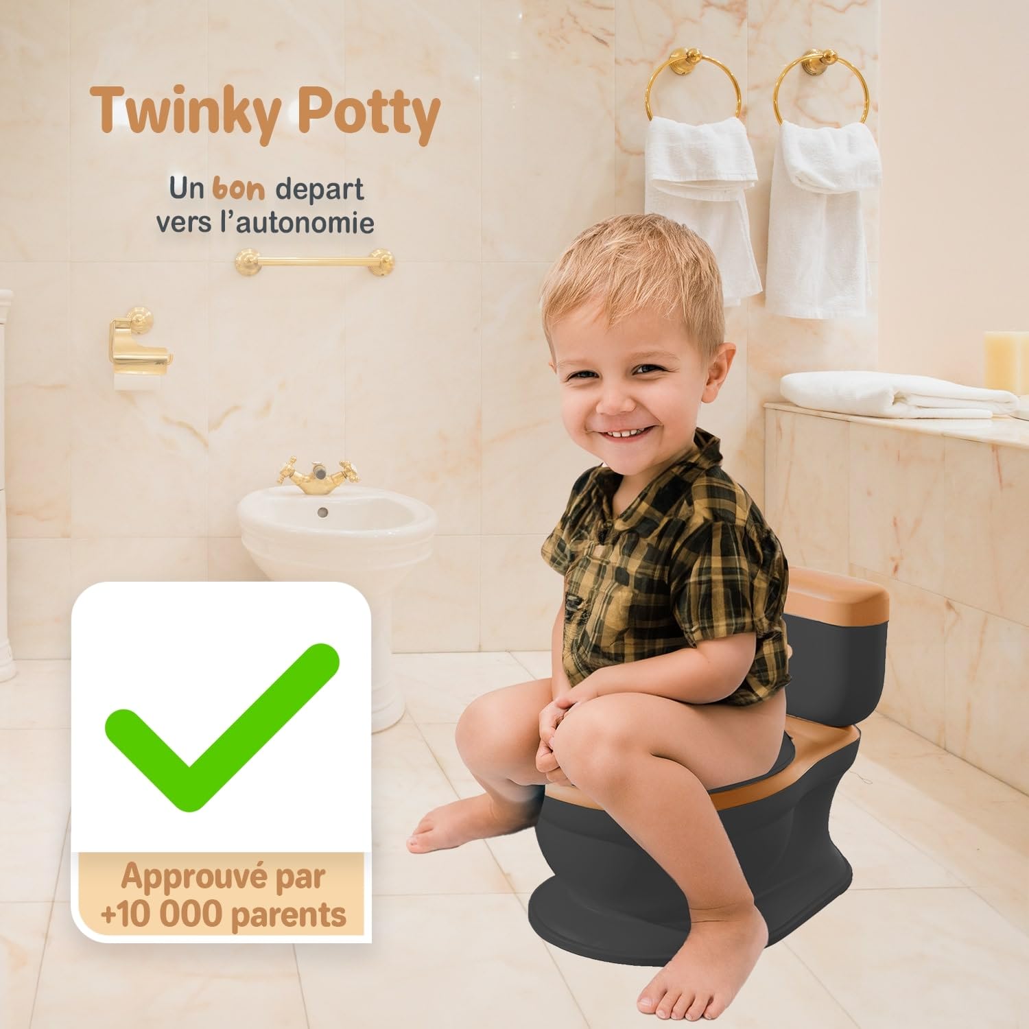 Twinky® Pot pour bébé et enfant - Potty Trainer 3 en 1 - Toilettes pour bébé - Avec son chasse d'eau - Design compact - Musique et porte-rouleau - Siège de toilette parfait pour les enfants - Noir
