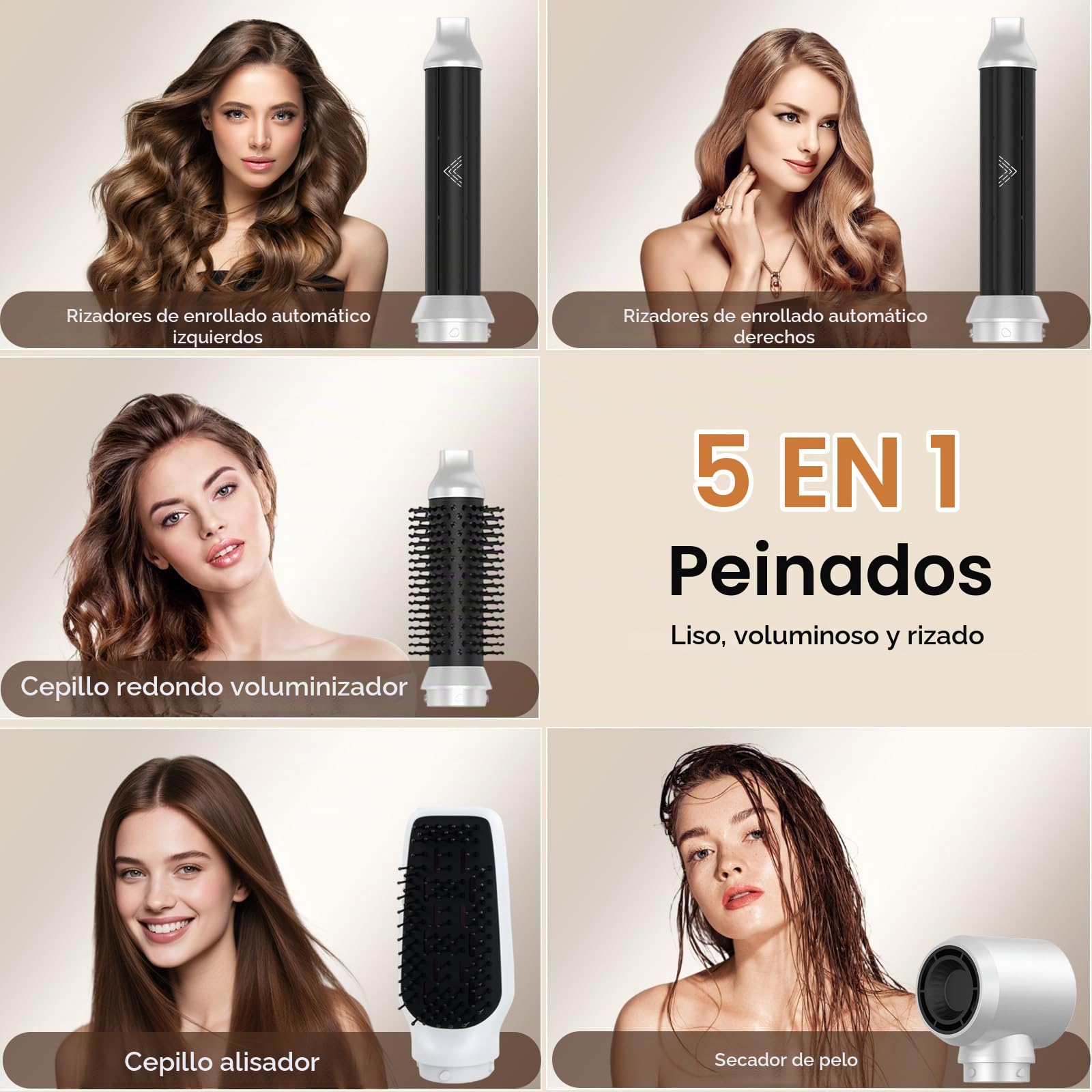 Cepillo Secador de Pelo 5 en 1, Air Styler Multifunción con Iones Negativos Secador, Rizador y Cepillo Alisador, 3 Temperaturas, 1000W Cepillo de Aire Caliente para Volumen, Alisa, Seco