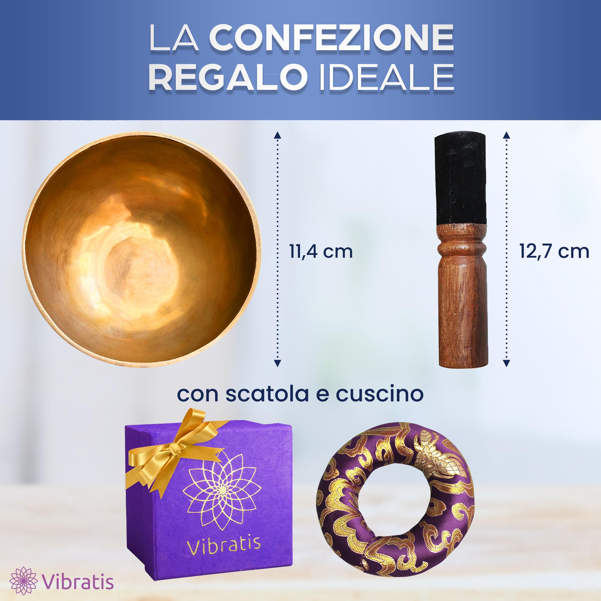 VIRHEA Campana tibetana – Ciotola in metallo a 7 suoni, fatta a mano in Nepal + cuscino + batacchio di legno + scatola Lokta – Ideale per meditazione e terapia del suono