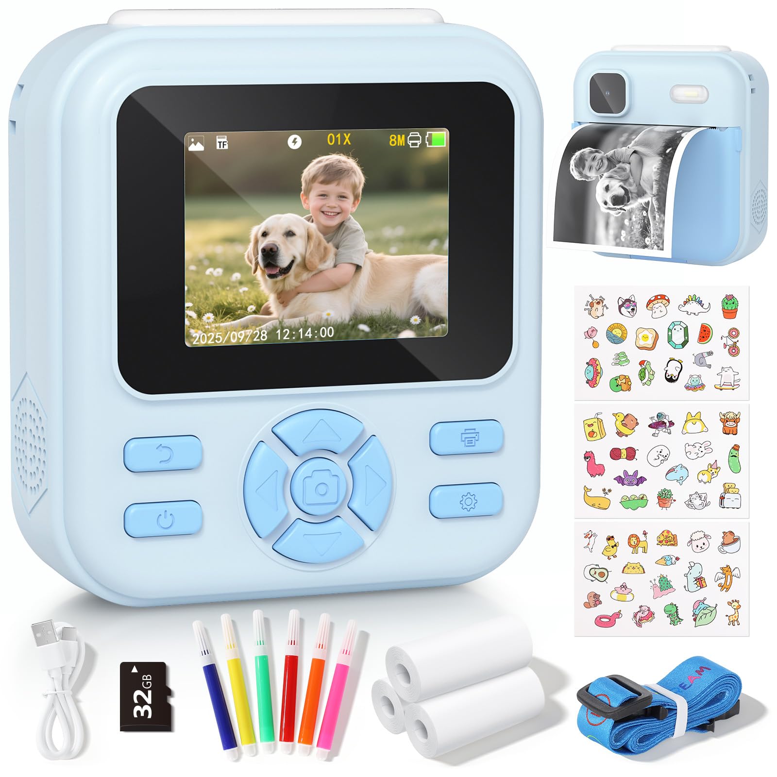 YOHOOLYO Aparat natychmiastowy dla dzieci, 2,4-calowy aparat natychmiastowy dla dzieci z kartą 32 GB i 3 rolkami papieru, cyfrowe zabawki wideo HD 1080P-niebieski