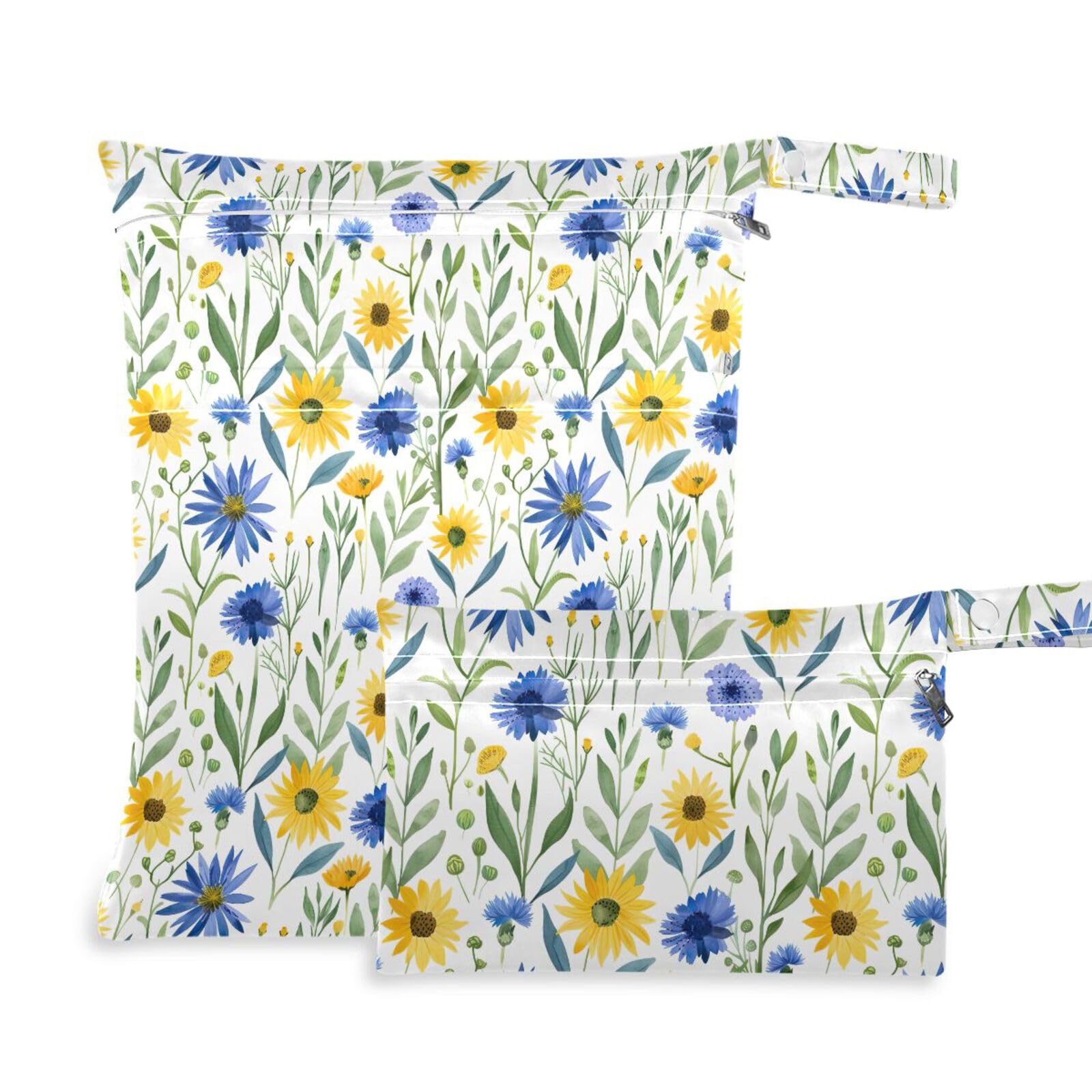 Coikll Wet Dry Bags for Cloth Diaper 2 Pack Waterproof Yoga Gym Bag for Swimsuit Wet Clothes Baby Items-?Blue and Yellow Daisies?