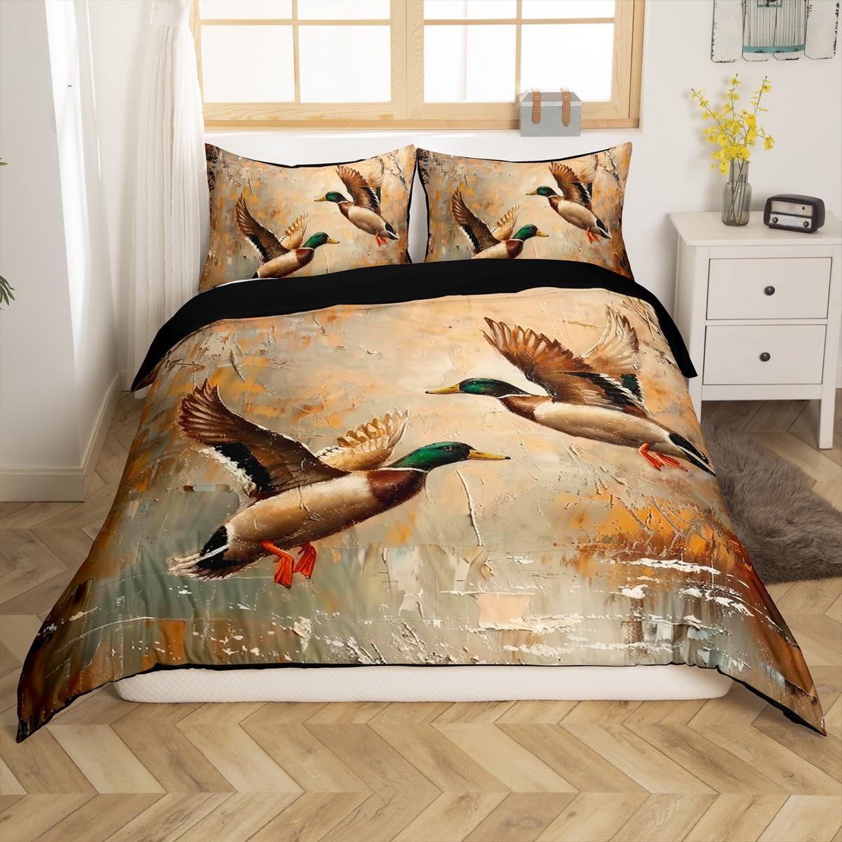 jejeloiu Kids Mallard Duck Bedding Set Toddler Size, Duck Hunting Comforter Cover Boys Girls Wild Animal Duvet Cover Western Farmhouse Teens Bedspread Cover Bedclothes Zipper (No Comforter)