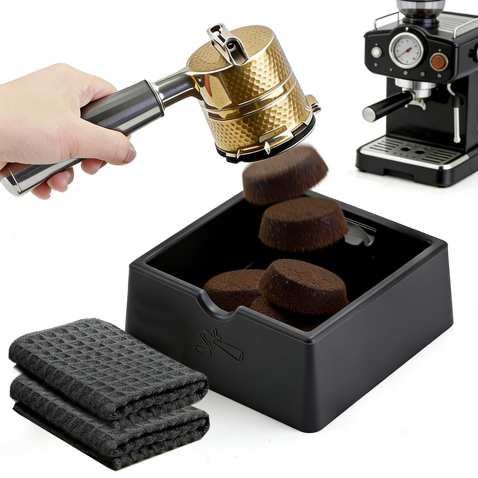 Akcesoria do kawy espresso, pojemnik na fusy z silikonowym odbijakiem, dla profesjonalnych ekspresów do kawy, z dwoma ściereczkiem do czyszczenia, kolor czarny i szary