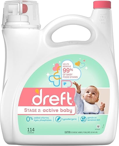 Dreft Detergente activo para ropa para bebés (HE) - Etapa 2 Active Baby, ayuda a eliminar el 99% de las manchas de alimentos para bebés - 114 cargas
