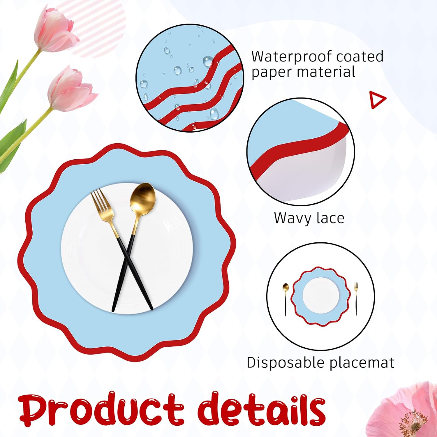 Blue Scalloped Paper Placemats 60 Pcs Disposable Coated Paper Waterproof Place Mat with Wavy Edge Table Decor for Baby Shower Party Supplie Birthday Wedding Banquet Tea Party (13.5 Inch Round)
