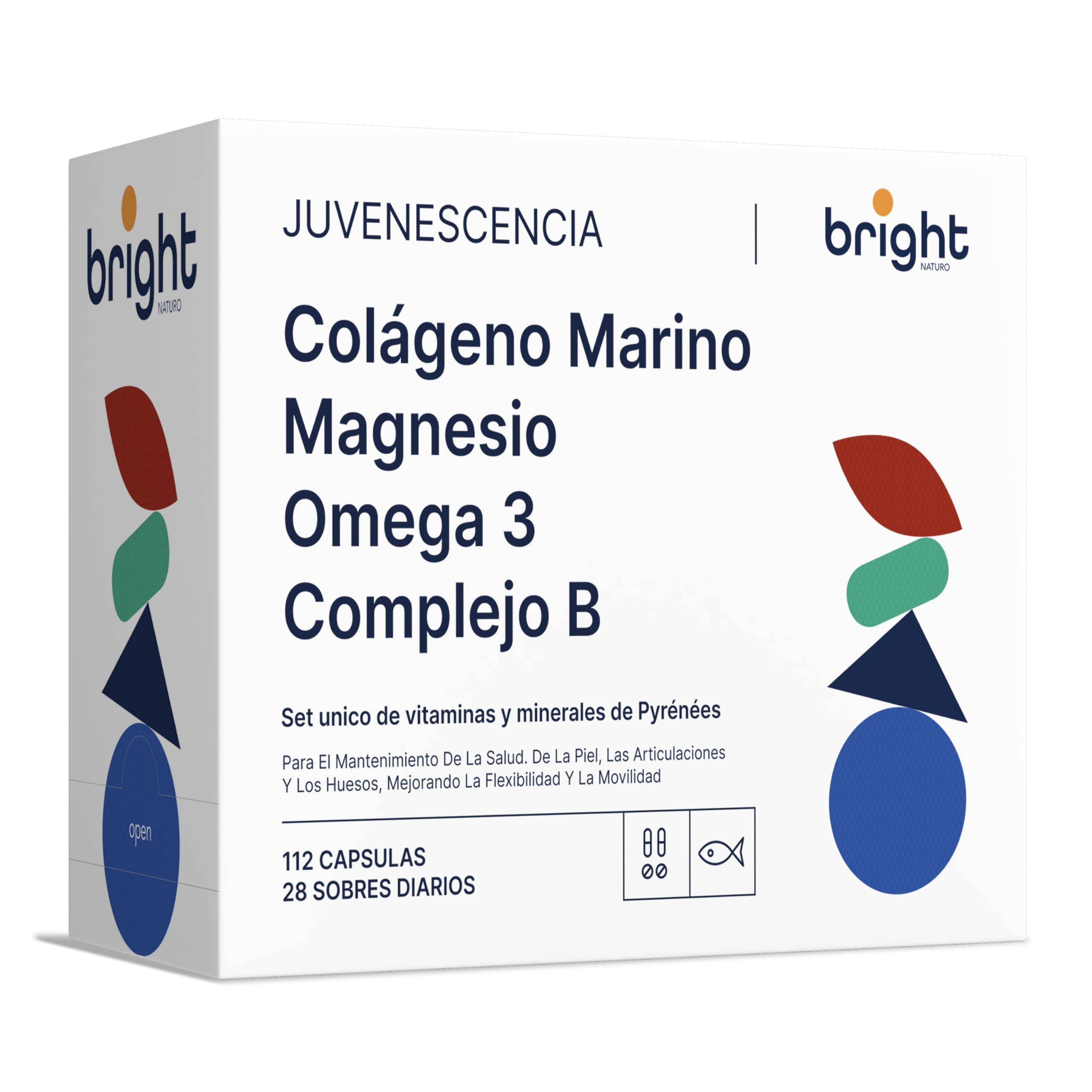 Colágeno Marino Hidrolizado + Ácido Hialurónico + Magnesio + Omega 3 + Complejo B – Antiedad, Energía y Salud Celular | Vitaminas de Pyrenees | 28 Sobres Diarios | Bright Naturo