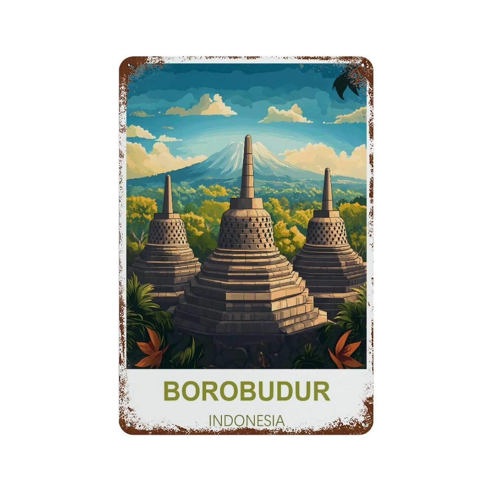 Borobudur Indonesia Retro Design Tin Painting Vintage Tin Sign 08x12inch(20x30cm) Wall Art for Home Office Bedroom Living Room Cafes Wall Decor