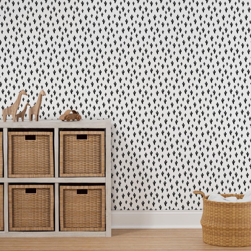 Removable Wallpaper 6ft x 2ft - Black Cactus White Kids Monochrome Plants Desert Southwestern Boho Triangles Nature Hipster Custom Pre-Pasted Wallpaper by Spoonflower