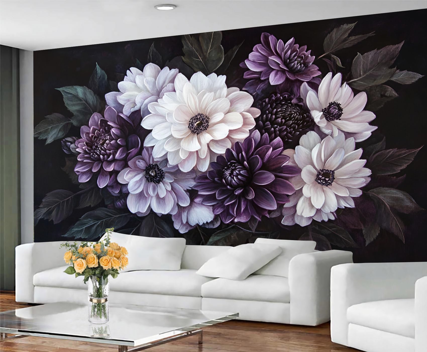GIVLWF Dark Floral Wallpaper for Bedroom, Dahlia Wallpaper for Living Room, Purple and White Murals for Walls, Non Self Adhesive Wall Paper & Home Decor