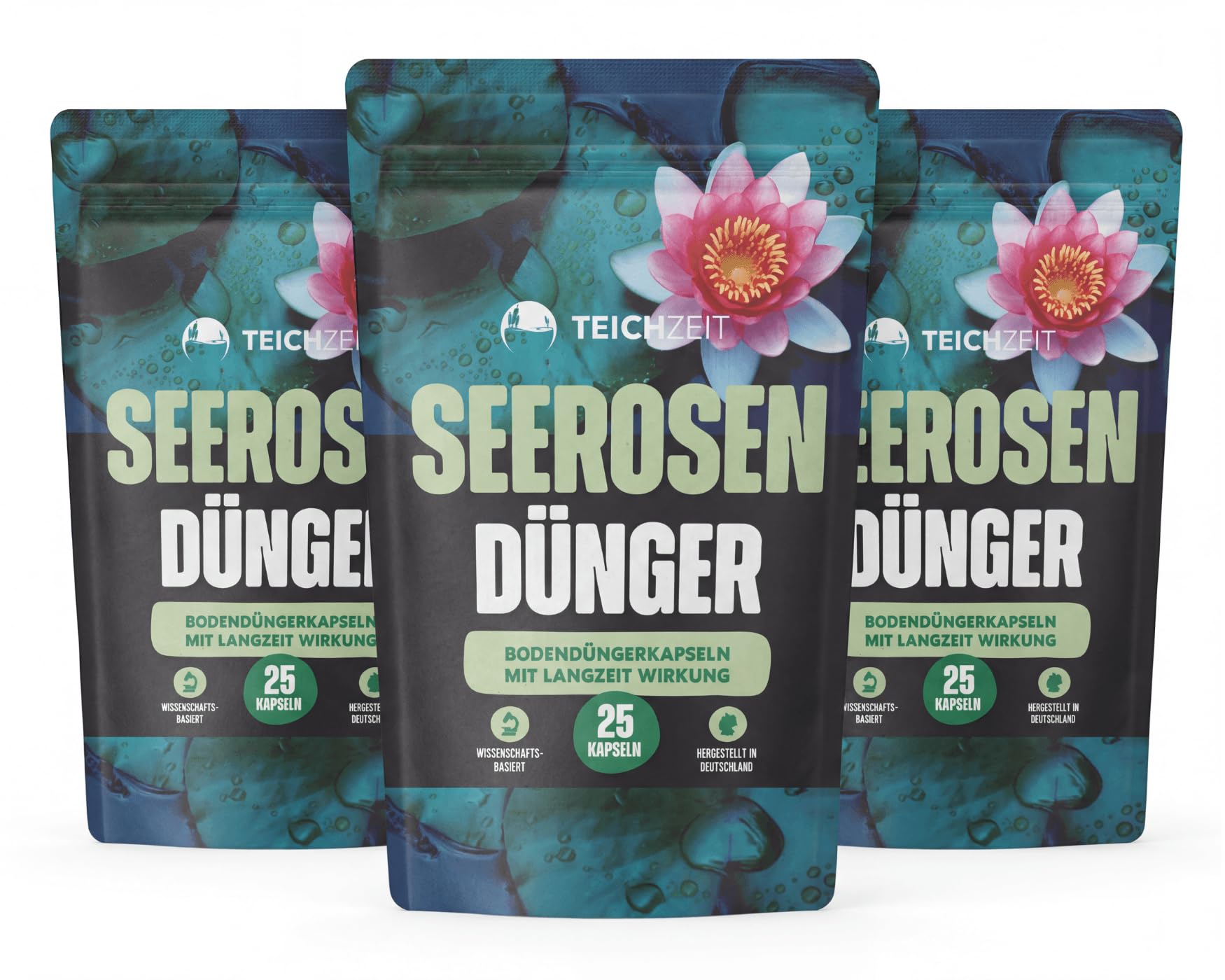 NatureHolic Seerosen Dünger 3er Set - 3X 25 Langzeitdünger Kapseln mit 2-in-1 Wirkprinzip - Teichdünger für Seerosen & Zwergseerosen im Gartenteich & Miniteich - mit NPK und Spurennährstoffen