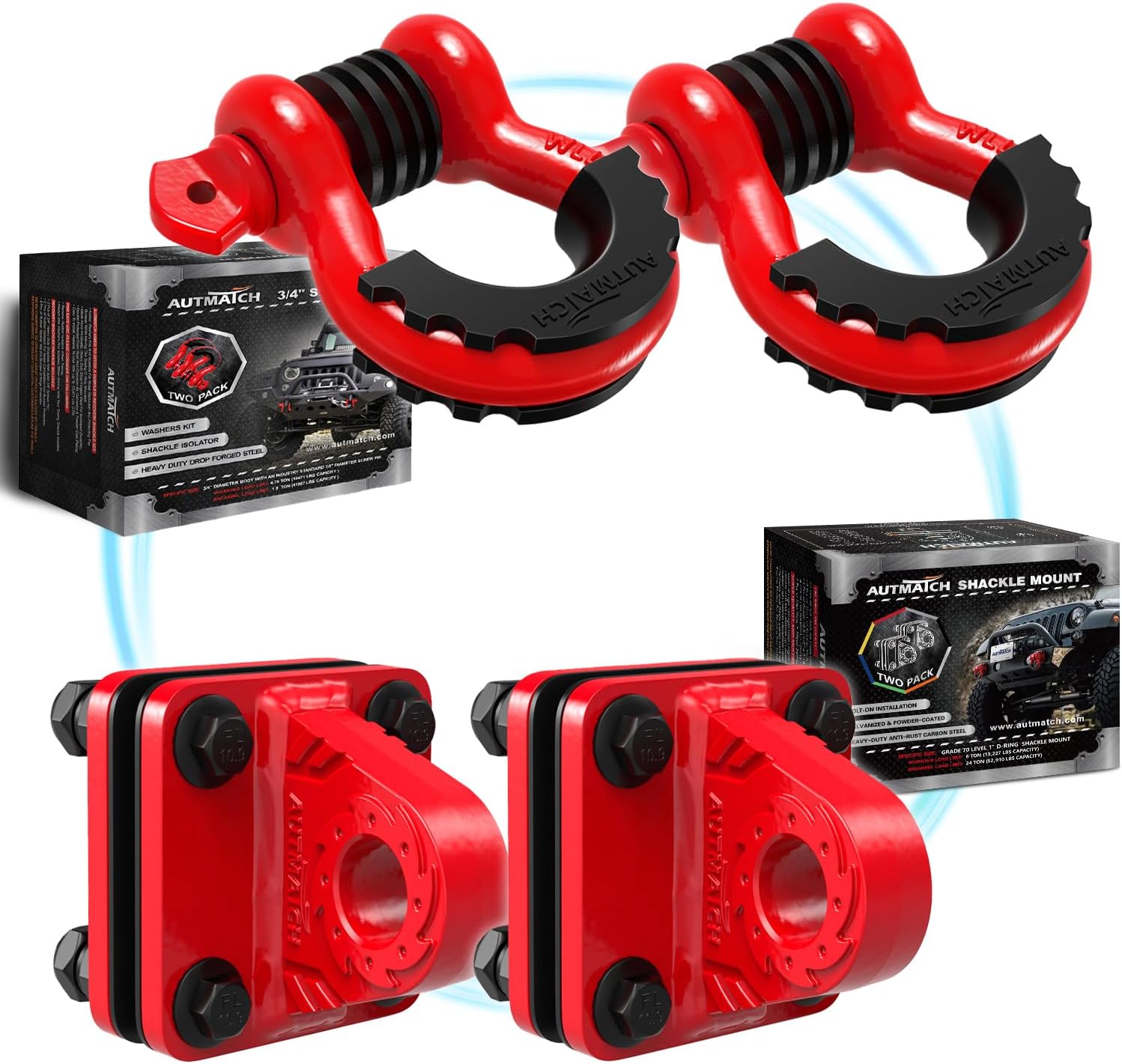AUTMATCH 3/4" D Ring Shackles with Shackle Mount, Bolt On Clevis Mount Bumper Shackle Bracket, Use with Tow Strap, Winch, Off-Road Vehicle Recovery Truck, Red