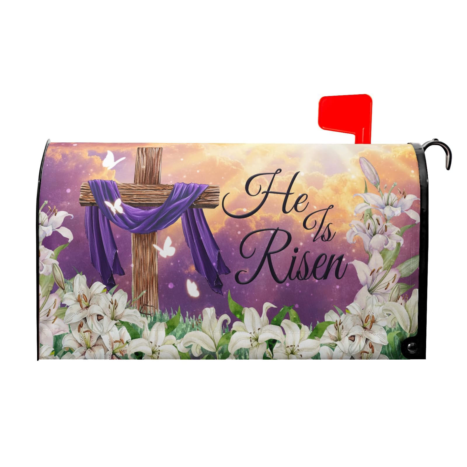 Kawani Happy Easter Purple Mailbox Covers Magnetic Spring Lilies Floral Mailbox Cover Standard Size 18 X 21 Inch Easter He is Risen Wrap Post Letter Box Decorative for Outdoor Home Garden Yard
