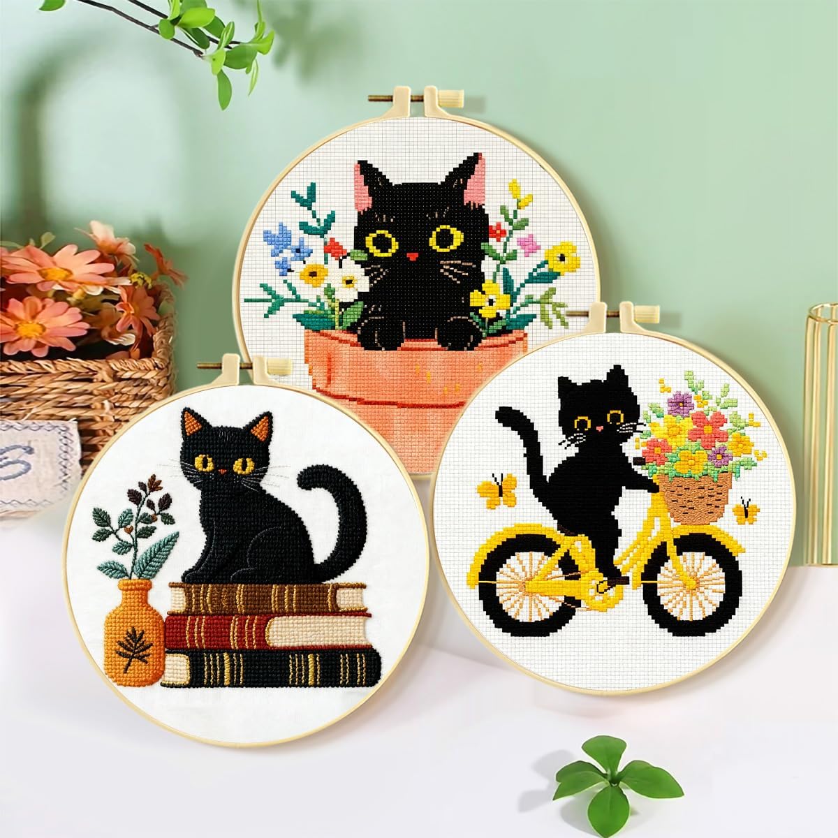 Zhenqing 3-Piece Black Cat Cross Stitch Kit for Beginners - Complete Set with Pre-Printed 11CT 24x24cm Fabric, Hoop, Threads & Tools (3 Adorable Cat Designs)(70403)