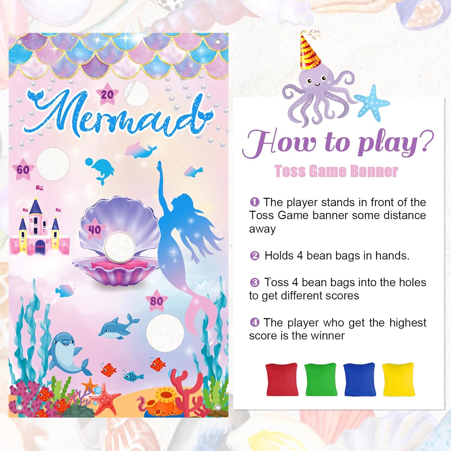 iPartycool Mermaid Toss Game, Mermaid Birthday Party Games, Mermaid Bean Bag Toss Games, Mermaid Party Supplies, Mermaid Backdrop Mermaid Party Games for Kids Adults Outside Activities Outdoor Games