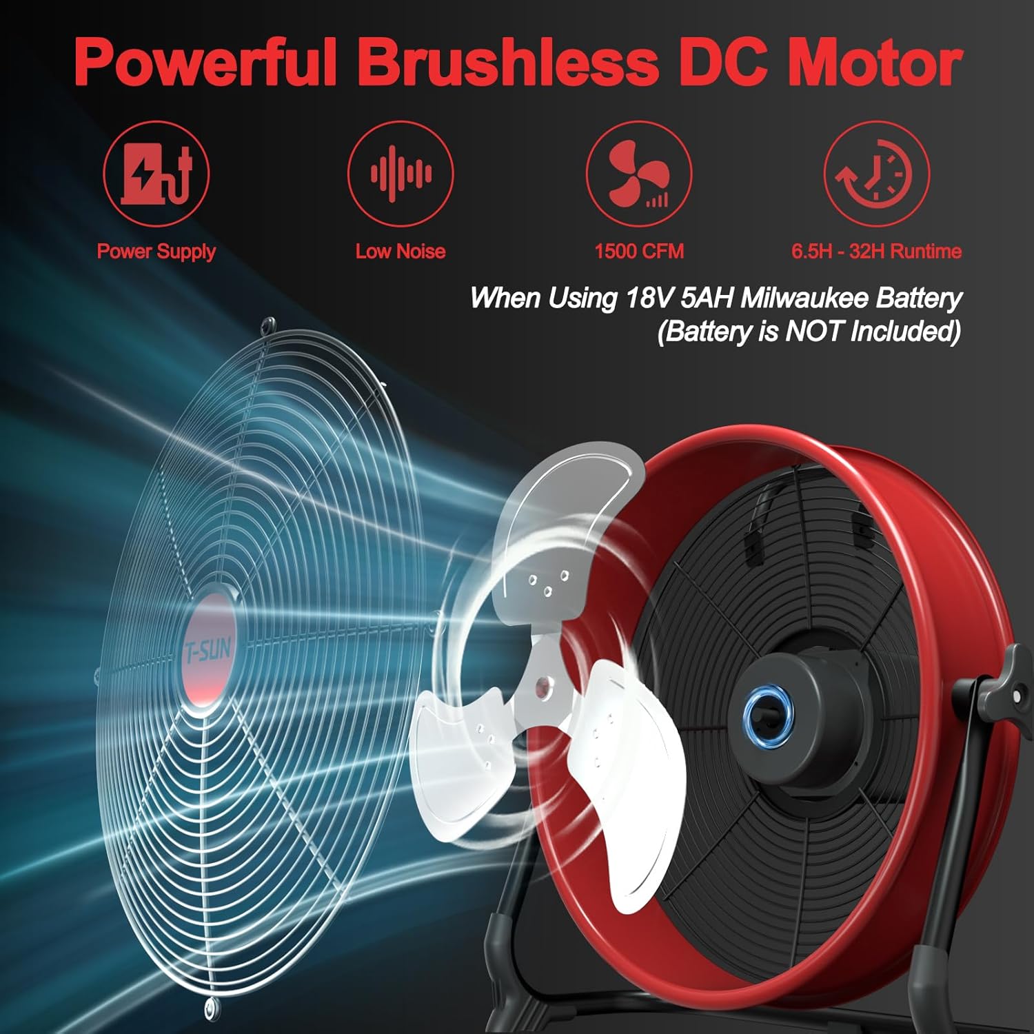 T-SUN 12" Battery Power Floor Fan Compatible with Milwaukee Battery, Portable Fan with AC Adapter and USB Output, Stepless Speed Cordless Fan, Metal High Velocity for Jobsite Outdoor Camping