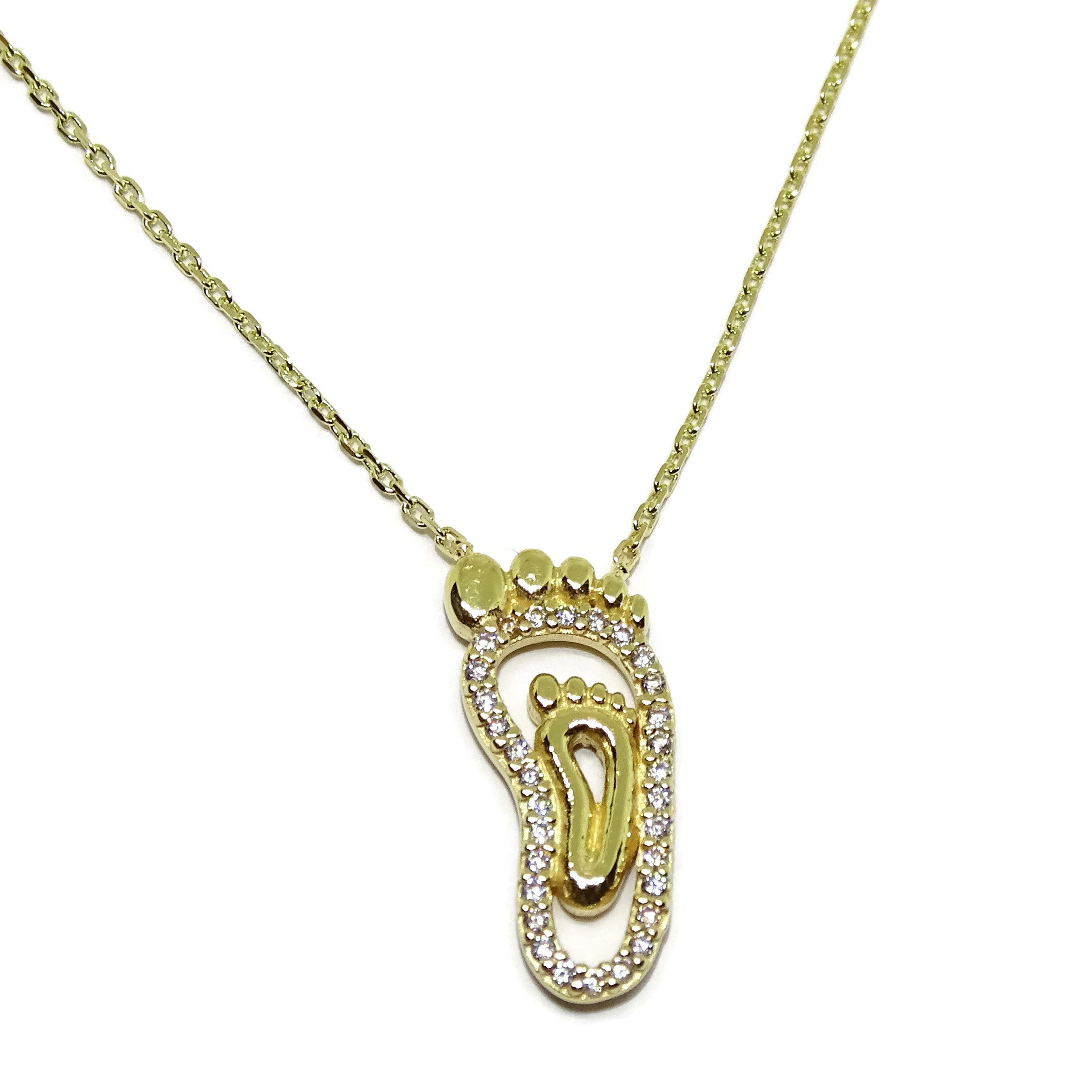 Naszyjnik Feet z 18-karatowego żółtego złota Mama New Born | Zirconia Footprint Charm Chain 40cm | Modna, znacząca biżuteria | Błyszczący prezent dla matek Baby Shower |
