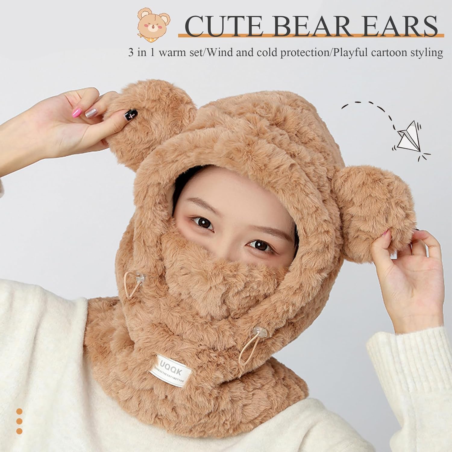 Women Girls Winter Scarf Hat Gloves 3 In 1 hooded Scarf With Mittens Cat Bear Ears Polar Fleece Hoodie Pocket - Image 2