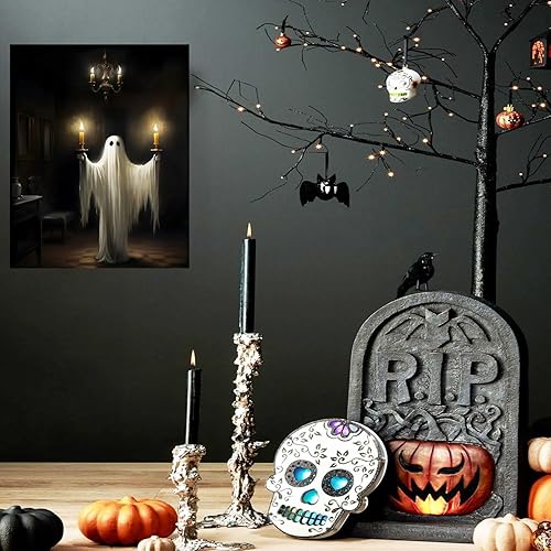Miniatura 5 de Lienzo decorativo para pared, diseño de fantasmas inquietantes que sostienen velas, pintura gótica para decoración de habitación de academia oscura,