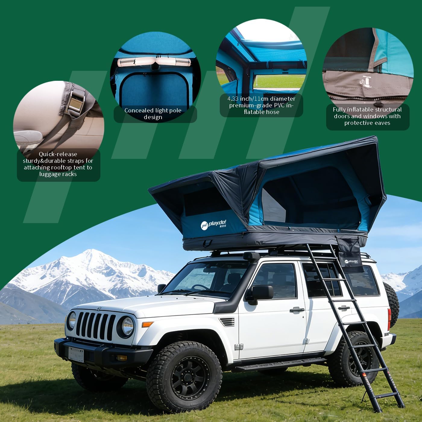 PlayDo Inflatable Rooftop Tent Easy Set Up Pop Up Roof Tent Air Extra Wide Large for 3 Person Family Camping Waterproof Cotton Tents for Truck Car SUV with Light, Skylight