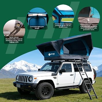 PlayDo Inflatable Rooftop Tent Easy Set Up Pop Up Roof Tent Air Extra Wide Large for 3 Person Family Camping Waterproof Cotton Tents for Truck Car SUV with Light, Skylight