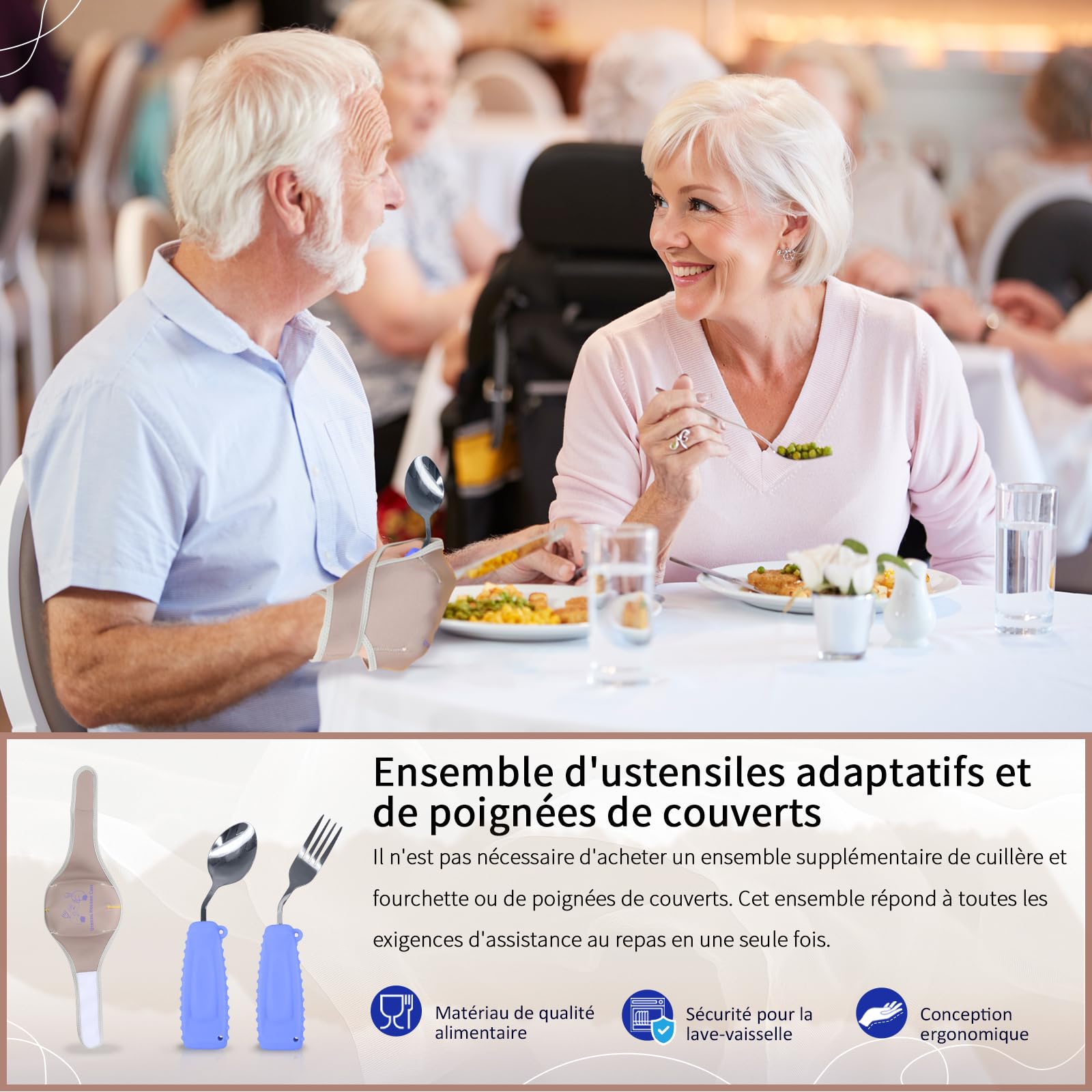 Ensemble D'ustensiles Adaptatifs Avec Manchon Élastique Universel, Pour Tremblements, Parkinson Ou Personnes Handicapées (Violet, Ensemble ustensiles (droit) et bracelet support)