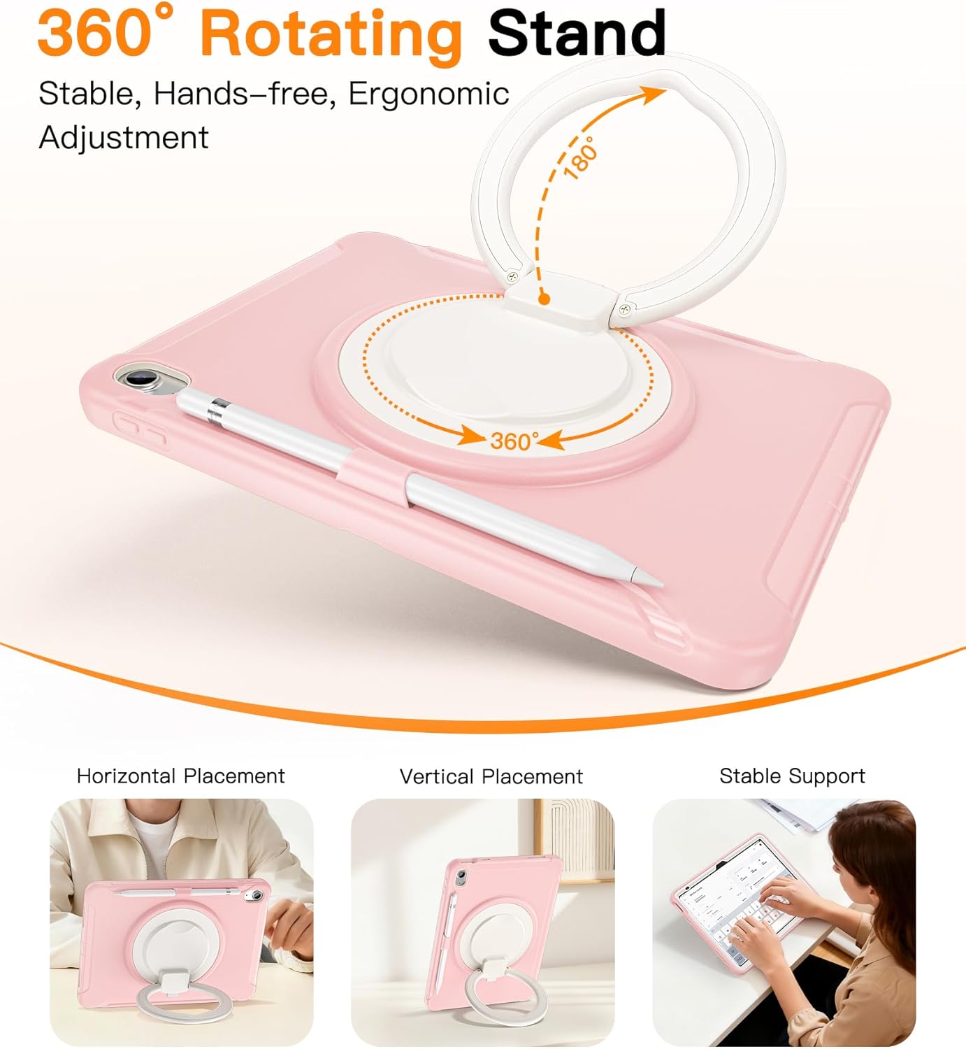 BATYUE Shockproof Case for iPad 10th Gen 10.9" 2022 / 11th Gen (A16) 11" 2025 | 360° Multi-Angle Stand (Portrait & Landscape) & Grip, Built-in Screen Protector, Pencil Holder, Pink