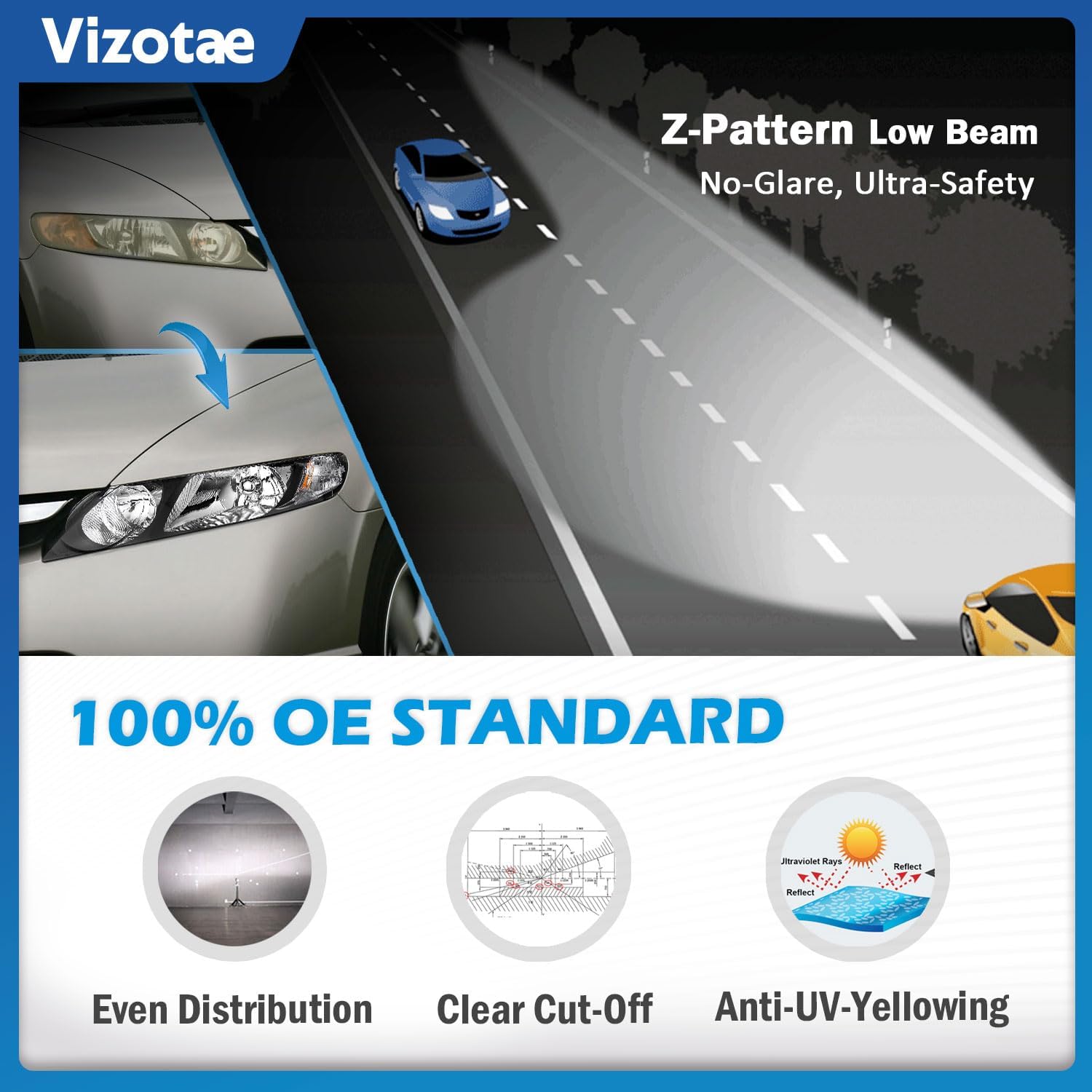 Headlights Assembly for 2006-2011 Honda Civic 4-Door Halogen Headlamp Replacement, High/Low Beam W/Bulbs, Driver & Passenger Side