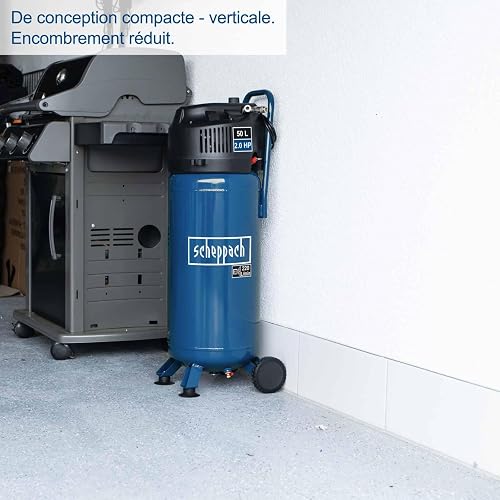 Scheppach Compresseur vertical portatif HC51V – Moteur puissant 1500 W – Sans huile – Cuve de 50 L – 10 bar – aspiration 220 L/min – Tuyau de 8 m + 13 accessoires inclus - 7