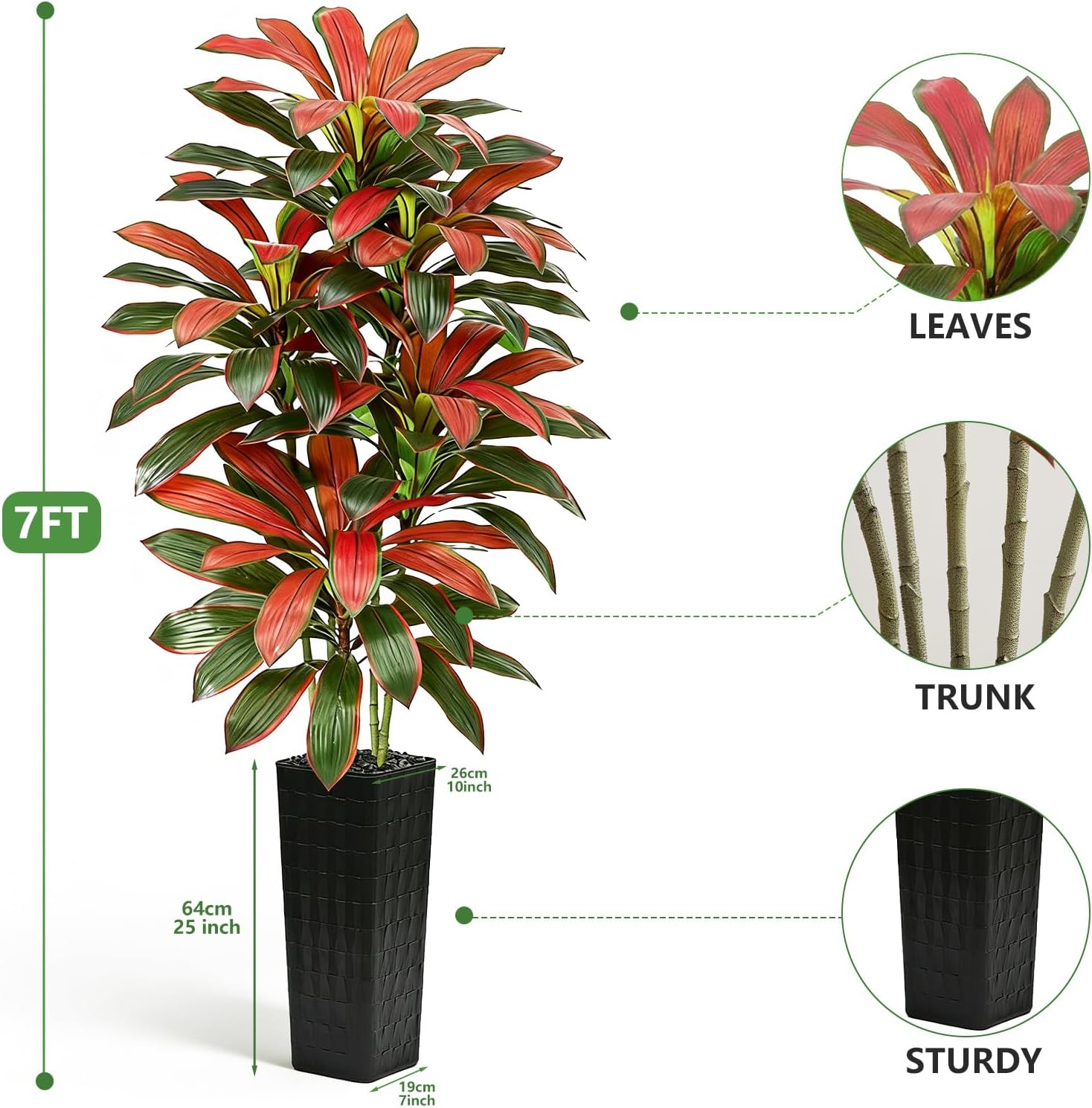 Artificial Red Dracaena Tree - 7FT Tall Fake Plants with Black Square Planter - Artificial Plants Indoor Floor Plant in Pot - Large Tropical Fake Yucca Potted Tree for Home Office Living Room Decor