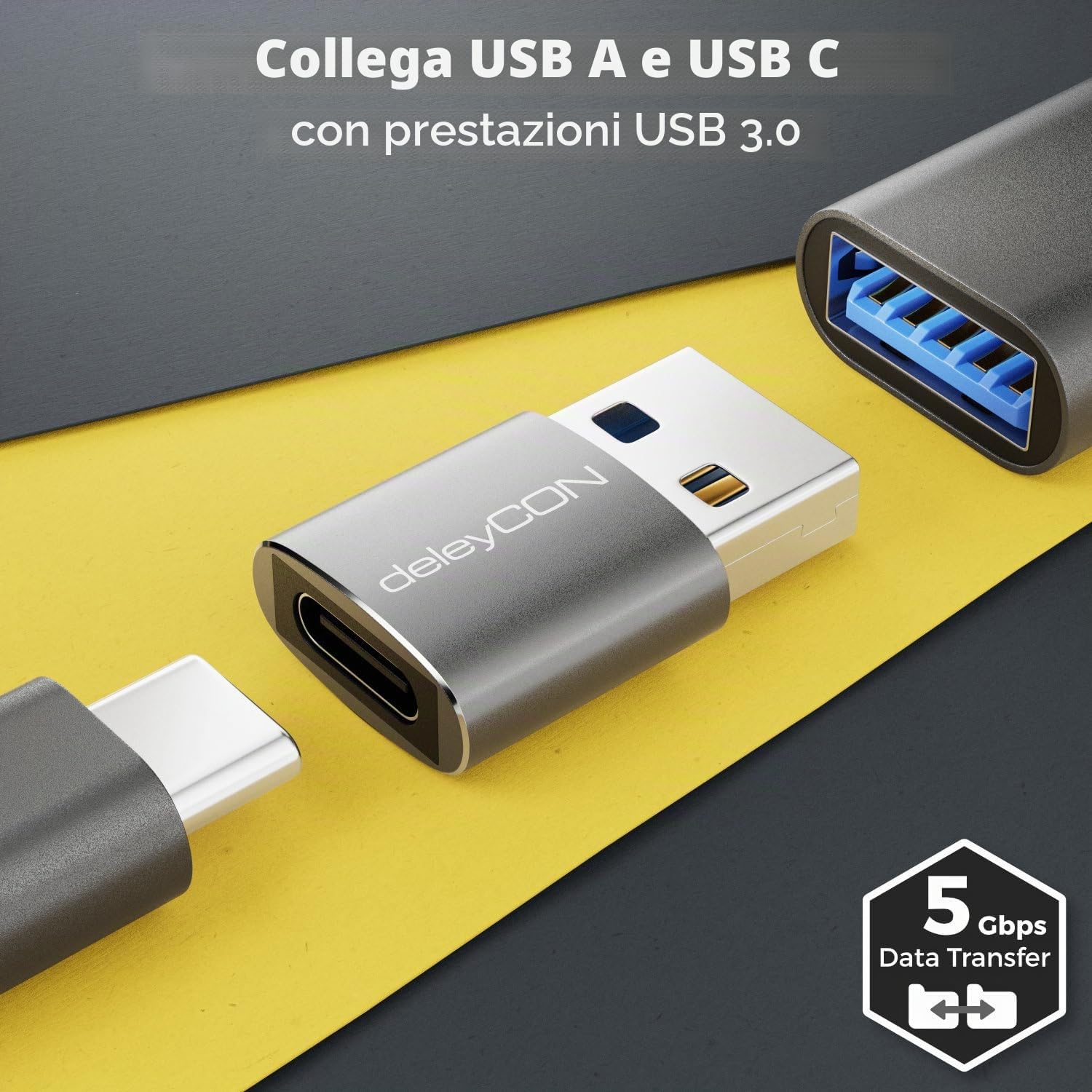 deleyCON Adattatore USB C (2 Pezzi) USB 3.0 5 Gbps - Presa USB-C A Spina USB-A - per iPhone Serie 17/16/15, iPad, Galaxy Serie S25/S24/S23, A56, A16, Laptop, Notebook, CarPlay ecc.