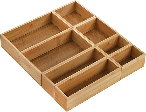 Lawei 8 cajas organizadoras de cajones de bambú, organizador de cajones apilables, bandeja de almacenamiento de 4 tamaños, divisores versátiles,