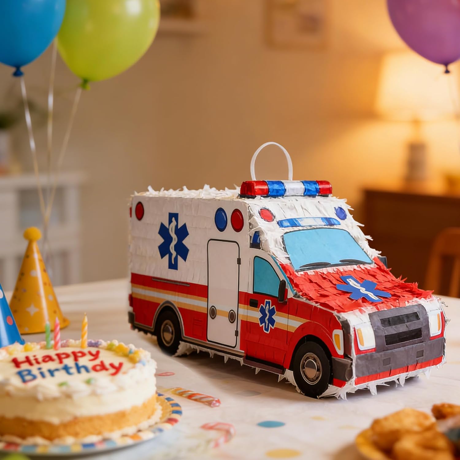 Piñata 3D Ambulance Piñata Bundle with a Blindfold and Bat for Ambulance Theme Birthday Decorations, Boys Birthday Party Supplies