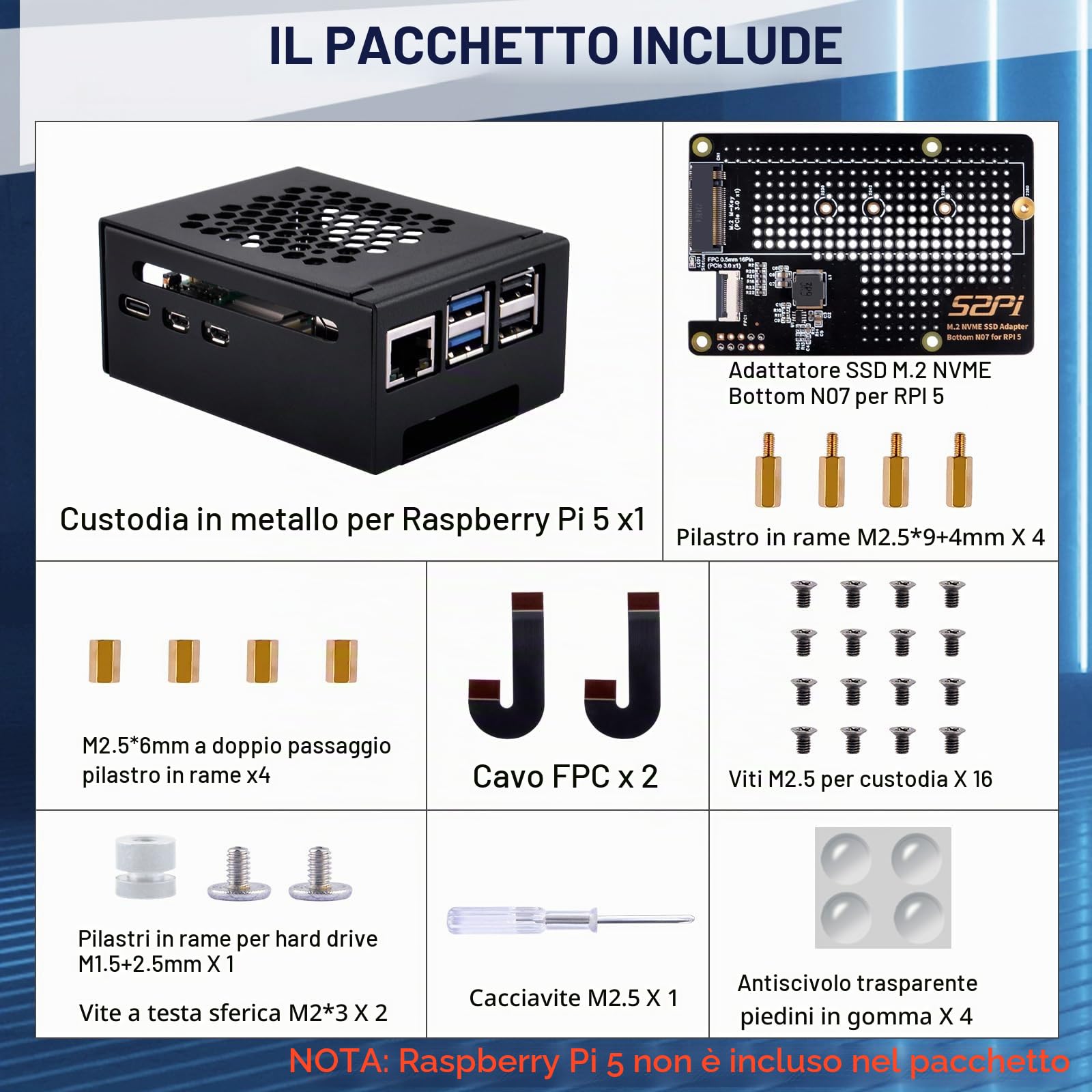 GeeekPi Alloggiamento in metallo con scheda periferica N07 M.2 NVMe SSD Pip PCIe per Raspberry Pi 5, supporto M.2 Key-M NVMe SSD 2230/2242/2260/2280