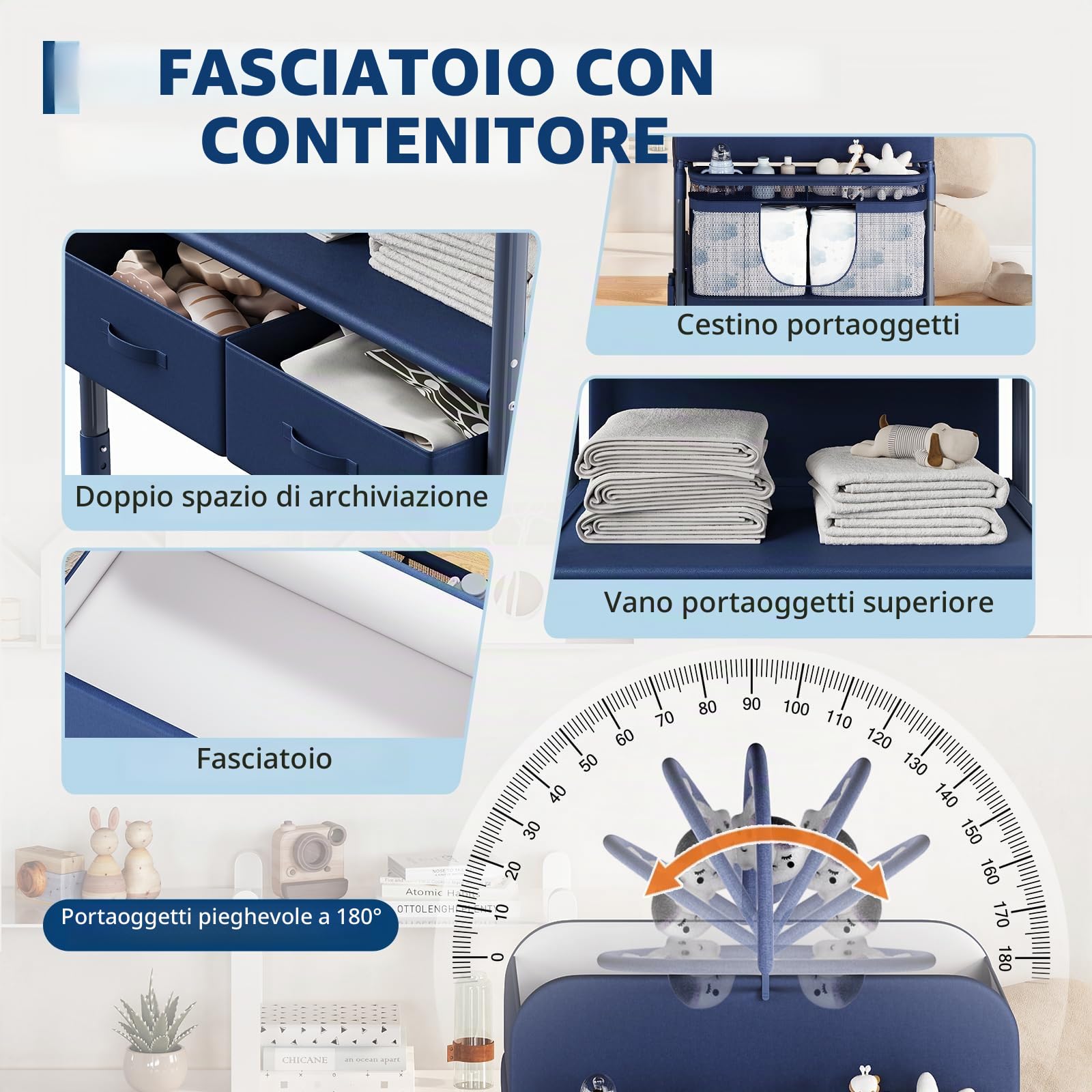 Fasciatoio Pieghevole Portatile Per Neonato, Altezza Regolabile Con Ruote Bloccabili, 2 Cassetti e Piano Impermeabile, Fasciatoio Con Vaschetta Per Bagnetto