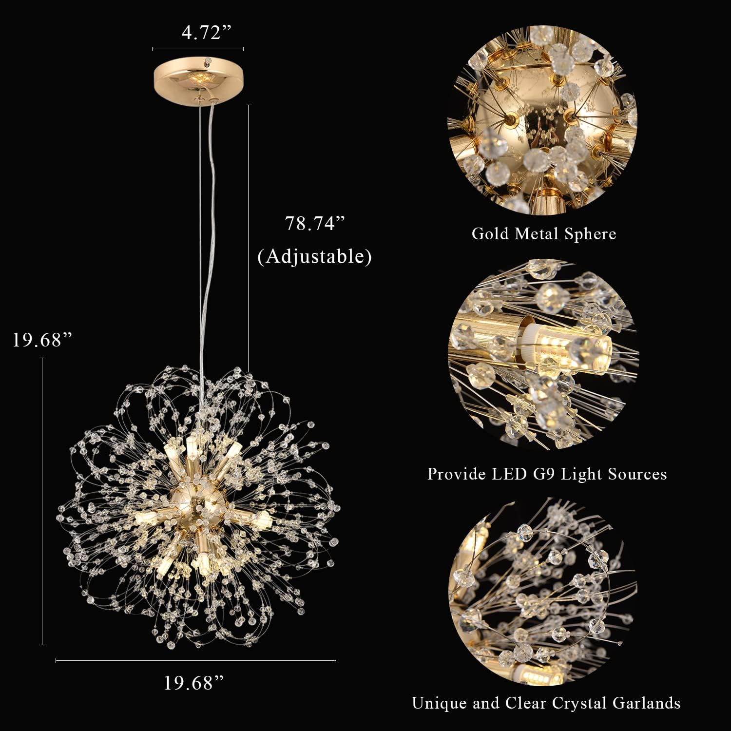 Modern Sputnik Chandeliers for Dining Room, Gold Dandelion Ceiling Hanging Lamp, Round Crystal Beaded Pendant Lights for Bedroom Living Room Farmhouse Kitchen Island (Gold 9Lights)