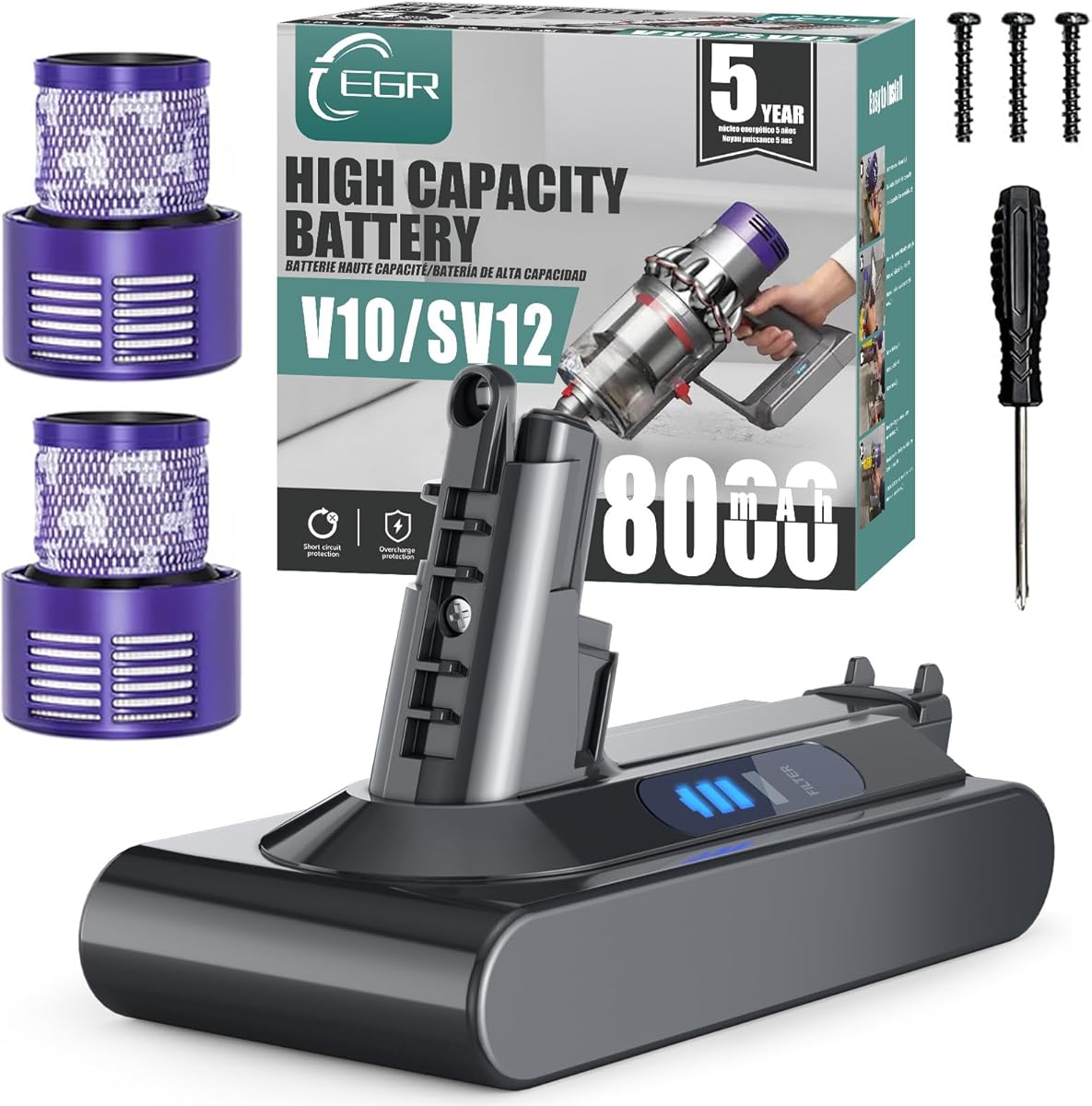 EGR 8000mAh Battery Replacement Compatible with Dyson V10 Animal/Absolute/Fluffy/Motorhead SV12 Cordless Stick Vacuum Cleaner with 2 Filters (Not Fit V8 and SV10).