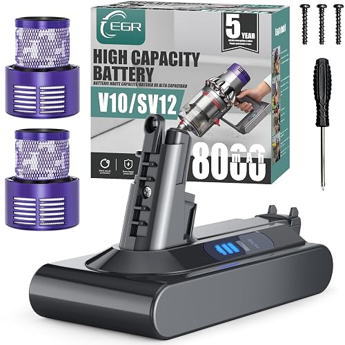 EGR 8000mAh Battery Replacement Compatible with Dyson V10 Series | 25.2V Li-ion Battery for V10 Animal/Absolute/Fluffy/Motorhead SV12 Cordless Stick Vacuum Cleaner with 2 Filters