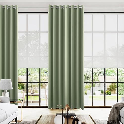 KOUFALL - Cortinas opacas de 120 pulgadas para ventana grande de sala de estar, color gris grisáceo, verde grisáceo, con ojales, unicolor, para sala