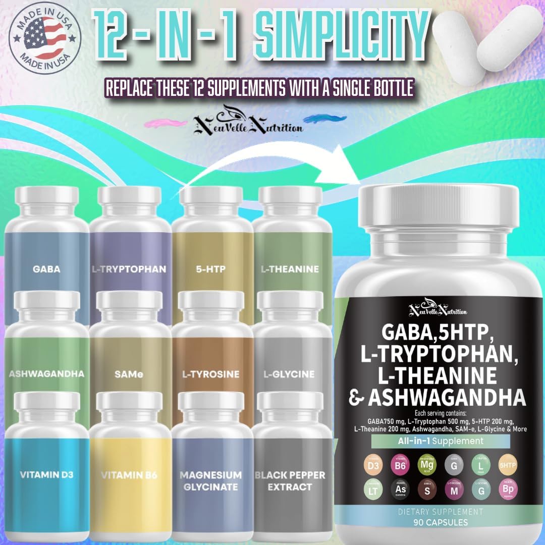 GABA Pills with 5-HTP Extract, L-Tryptophan, L-Theanine, Ashwagandha, Vitamins D3, B6, Magnesium, L-Tyrosine, L-Glycine, Sam-e & Black Pepper Mood Support Supplement