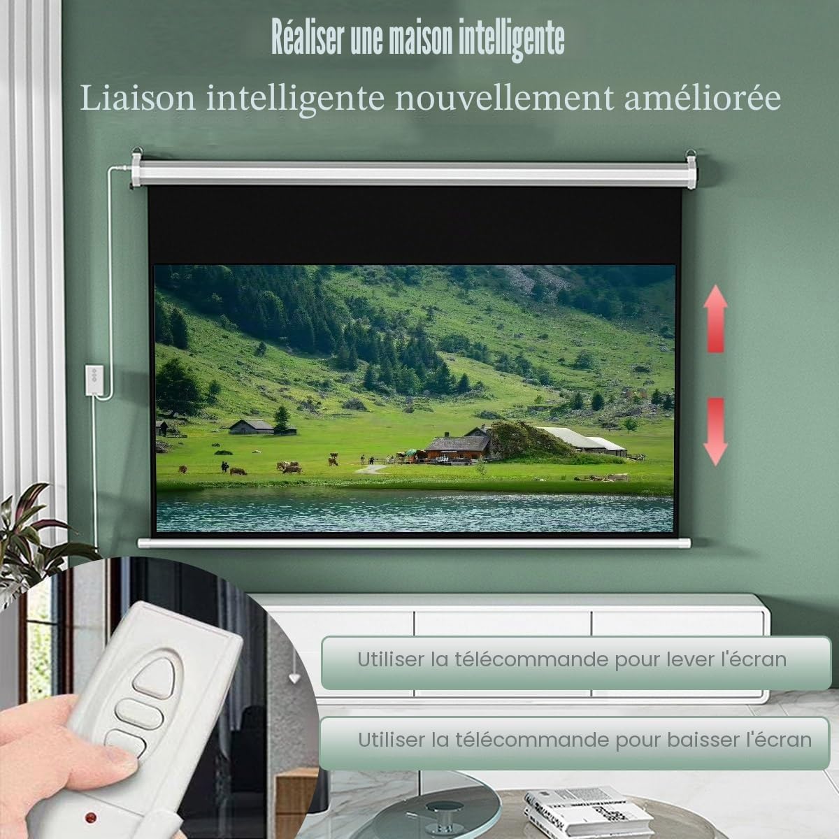 Écran de Projection motorisé 60 Pouces (2,5 Pouces) à Gain élevé, 72 Pouces, avec télécommande, pour Home cinéma, Bureau, Jeux vidéo, Ratio 4:3/16:9 (72 Pouces (4:3))