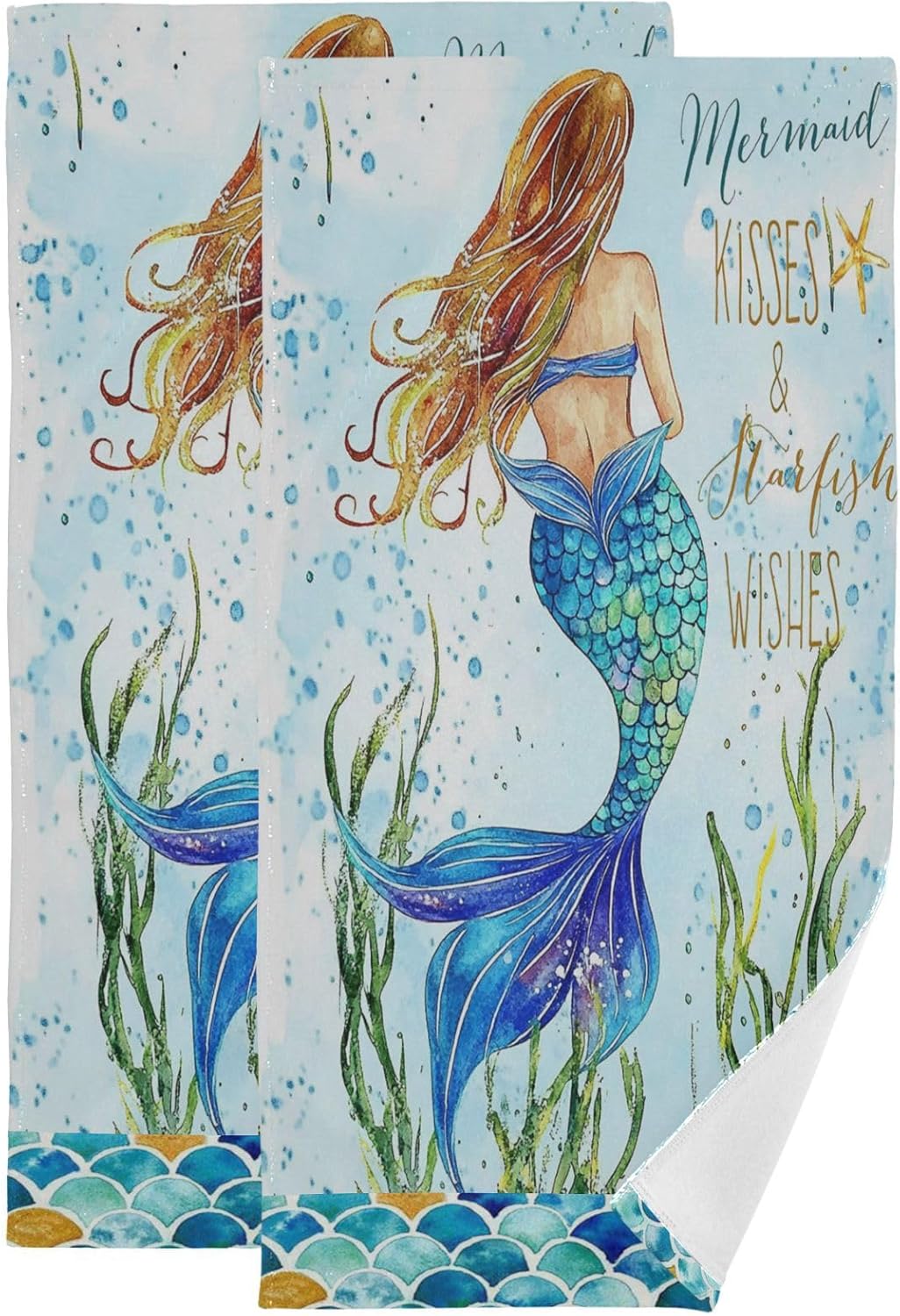 Pfrewn Retro Mermaid Hand Towels Set of 2 Bathroom Towel 16x30 in Soft Absorbent Guest Bath Towel Kitchen Dish Towel Spa Home Bathroom Decorations