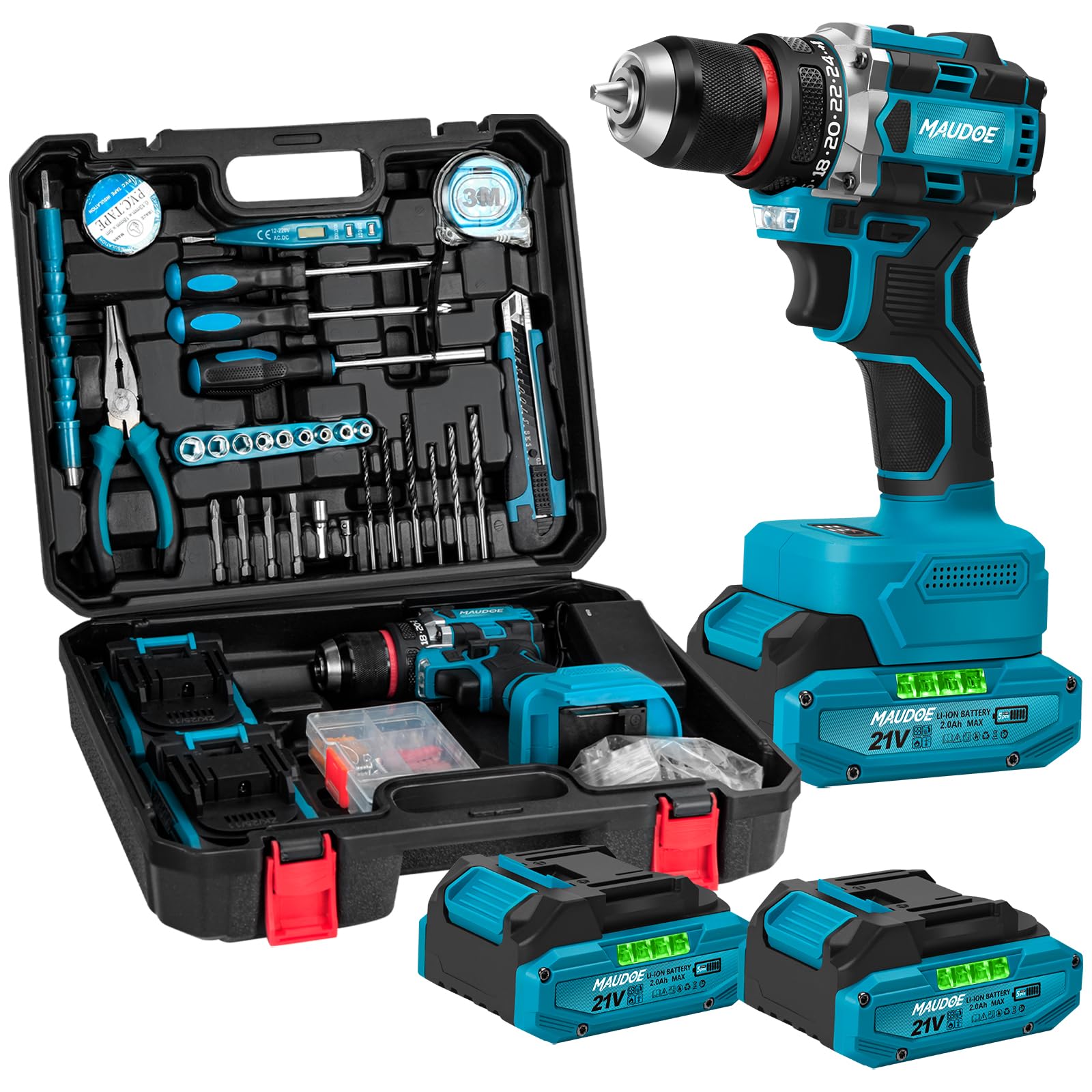 Set di utensili per trapano senza fili da 21 V, trapano elettrico senza spazzole da 60 N.m con 2 batterie da 2,0 Ah e caricabatterie, set combinato da 135 pezzi, mandrino senza chiave da 3/8", 2