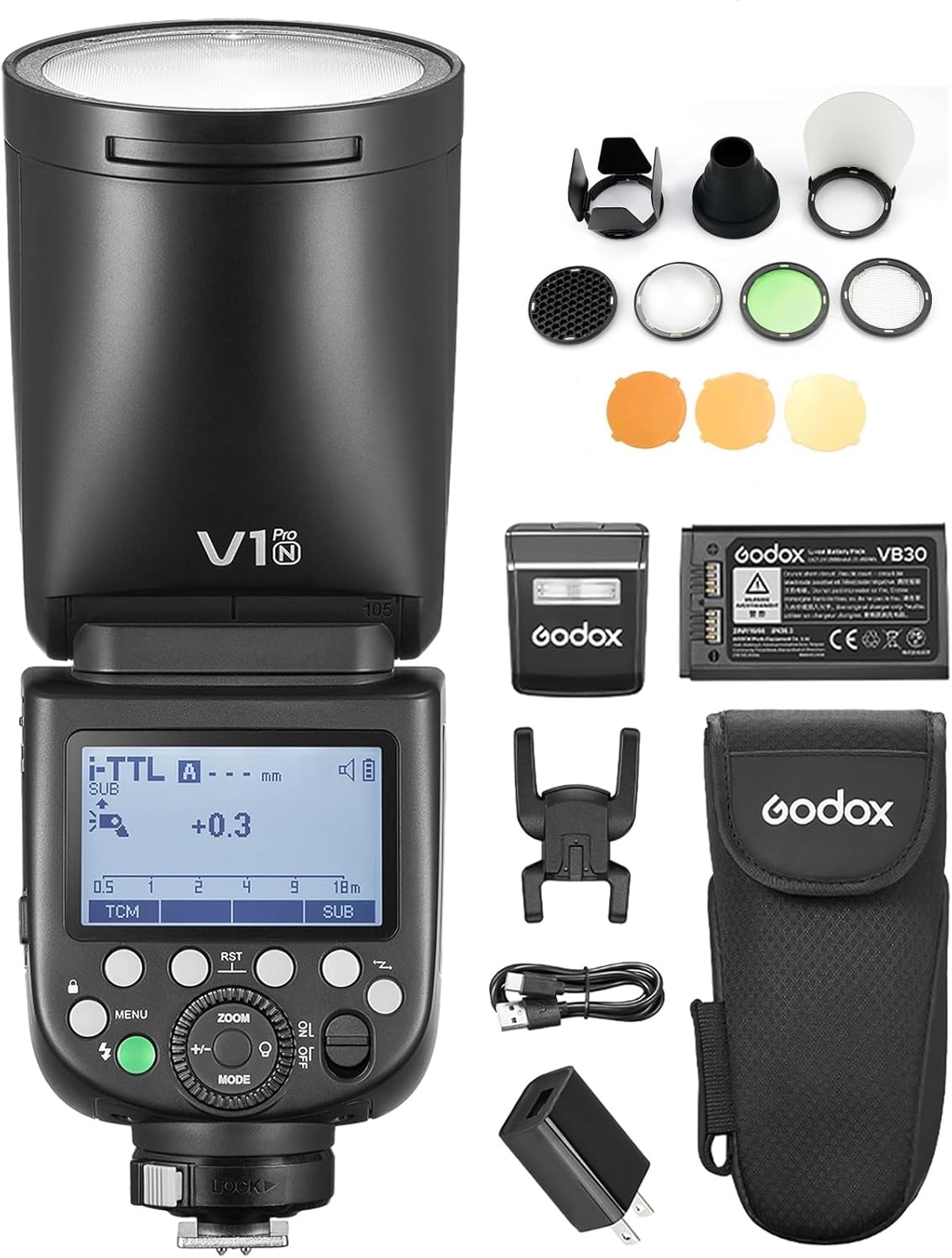 GODOX V1 PRO N 2.4G Wireless Camera Flash 1/8000s HSS 1.3s Recycle Time with M/TTL Flash Mode with Detachable Sub Flash Speedlite Compatible with Nikon Cameras + Godox AK-R1 Pocket Flash Light Acces
