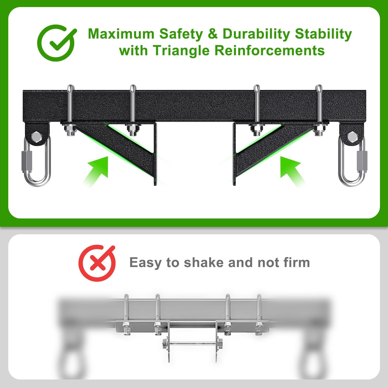 Dolibest Soportes de columpio deslizantes resistentes, soporte de columpio con soporte triangular reforzado y 8 agujeros para tornillos, incluye 2 mosquetones de acero inoxidable, accesorio de