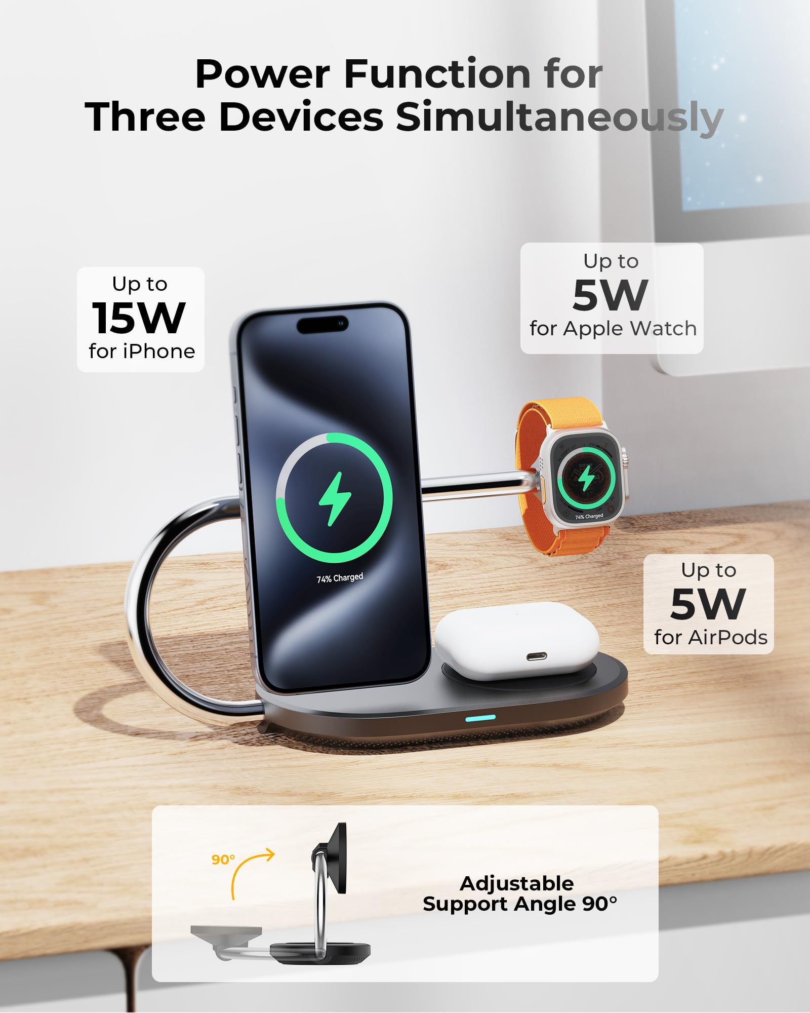VOLTME MagPak 3 en 1 Cargador Inalámbrico, 15W Base de Carga Plegable de Viaje Qi2, Recarga Rápida Compatible con iPhone 16 15 14 13 Pro MAX Airpods iWatch y Otros, Incluye 40W USB-C Cargador y Cable