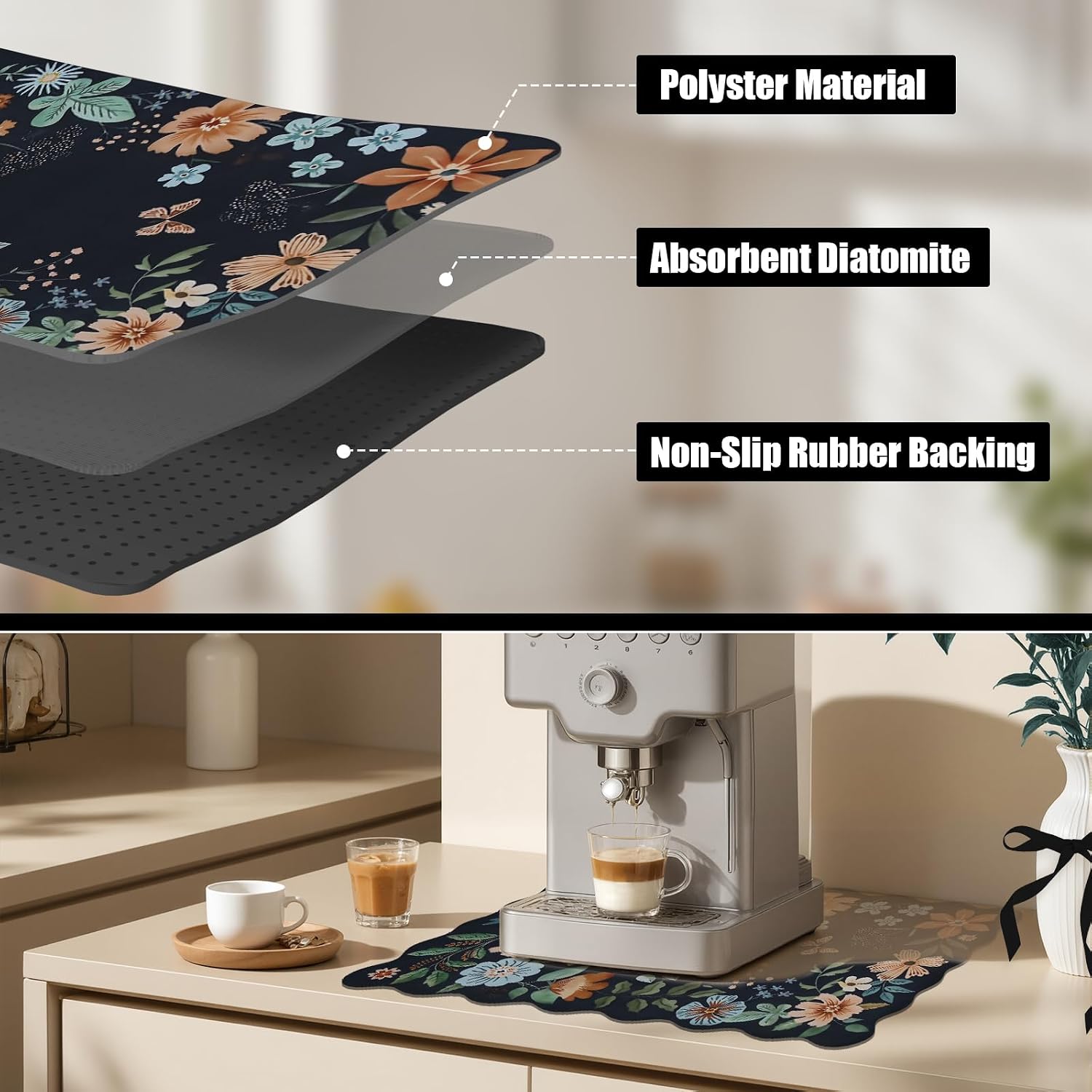 Scalloped Bohemian Coffee Bar Mat Dish Drying Mats for Kitchen Counter, Kitchen Decor,(12"x19", Black)
