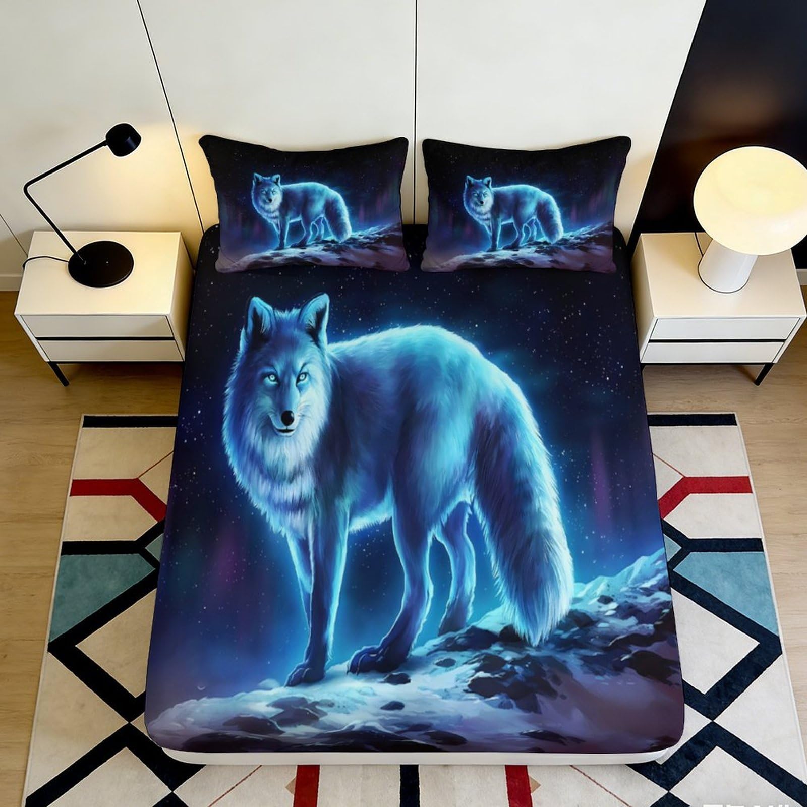 3D Printed Blue Wolf Fitted Sheet Microfiber Soft Breathable Moonlight Forest Mattress Cover for Bedroom Dorm Bed Protection 90x200x25cm