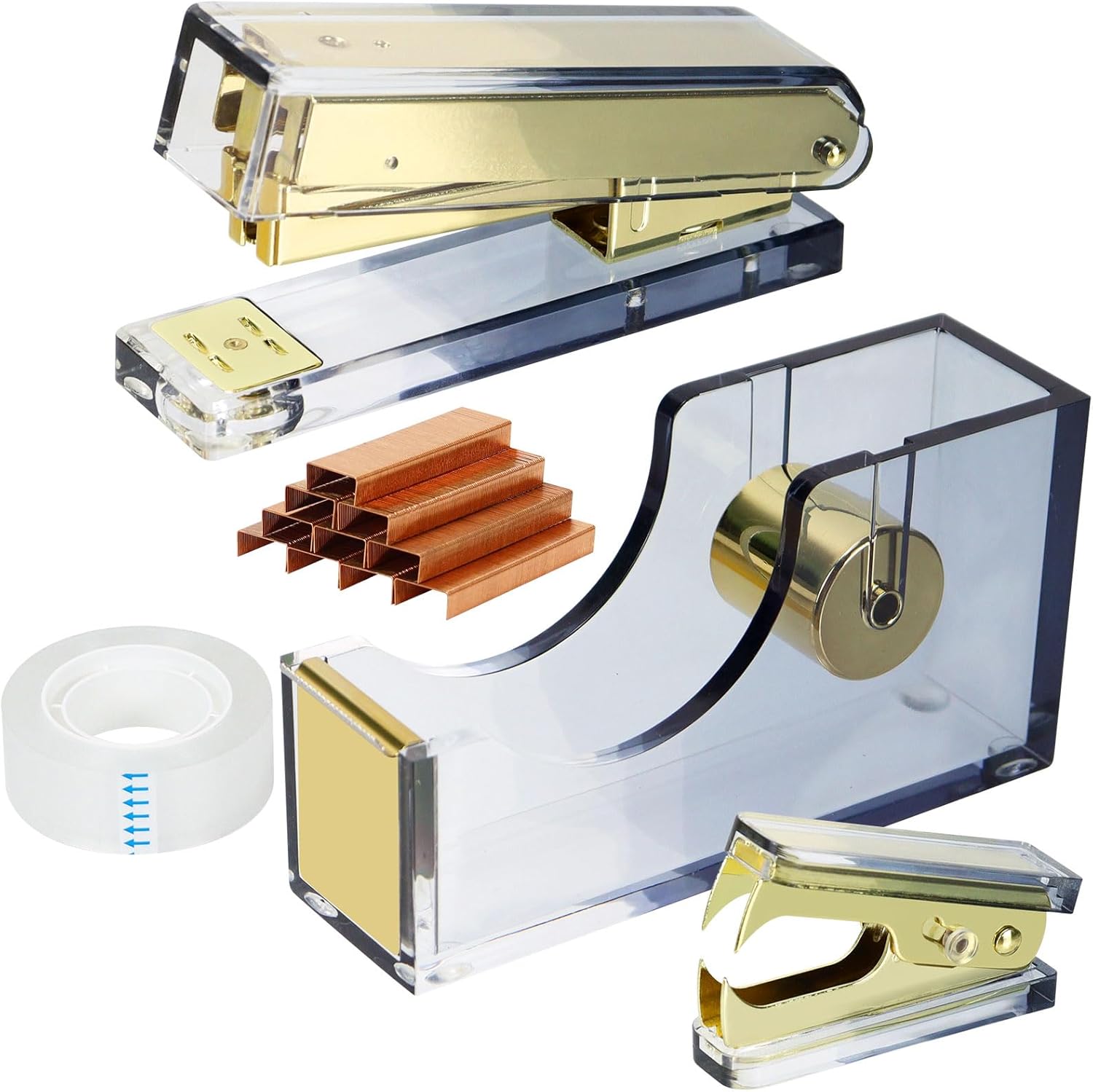 MultiBey Black Stapler and Tape Dispenser Set, Gradient Black to Clear Acrylic Desk Accessories Office Supplies Includes Tape, Staple Remover and 1000 Staples for Office Home School