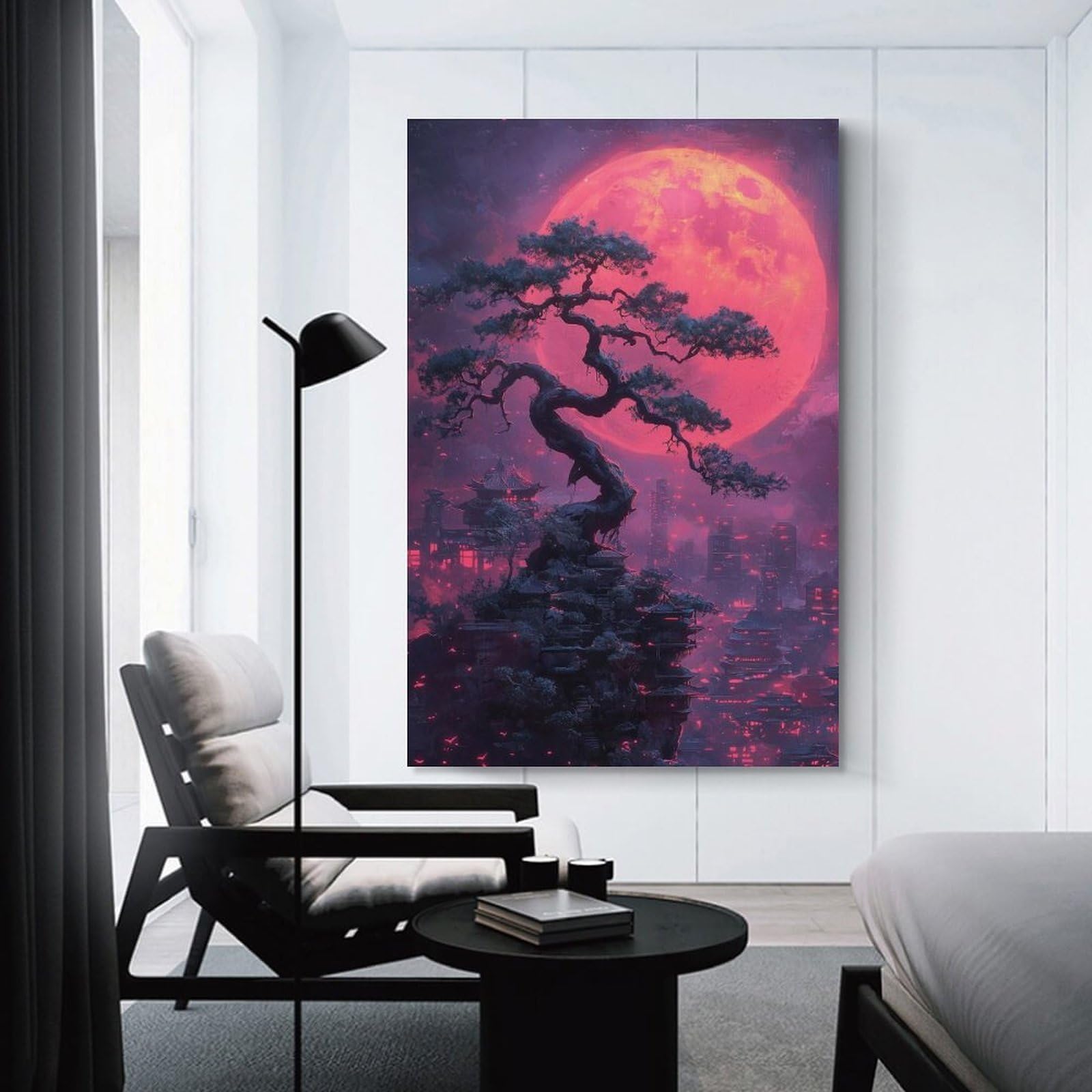 Junmoney Canvas Art Print Red Moon Bonsai Cityscape, 20x30inch(50x75cm), for Office, Study Or Home Workspace, Wall Art That Adds Style to Work Areas