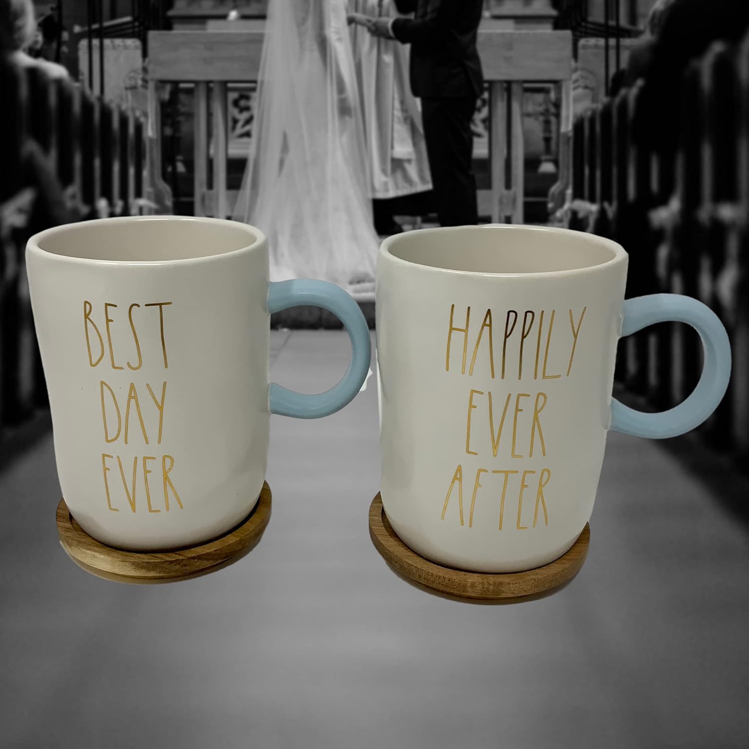 BEST DAY EVER & HAPPILY EVER AFTER RAE DUNN MUG SET with GOLD LETTERS, BLUE HANDLES, and WOODEN/COASTER LIDS – Rae Dunn Artisan Collection By Magenta – Celebrate your love with this romantic mug